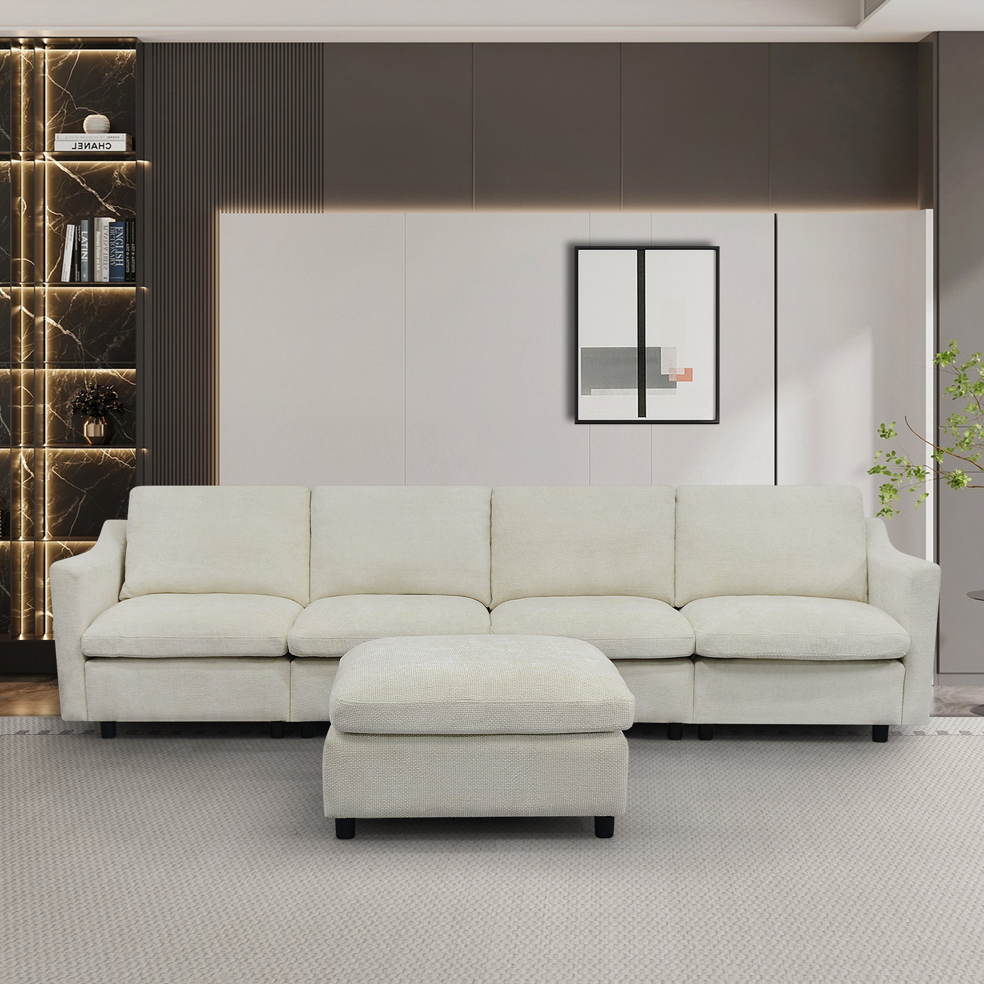 Cream fabric modular sofa with matching ottoman