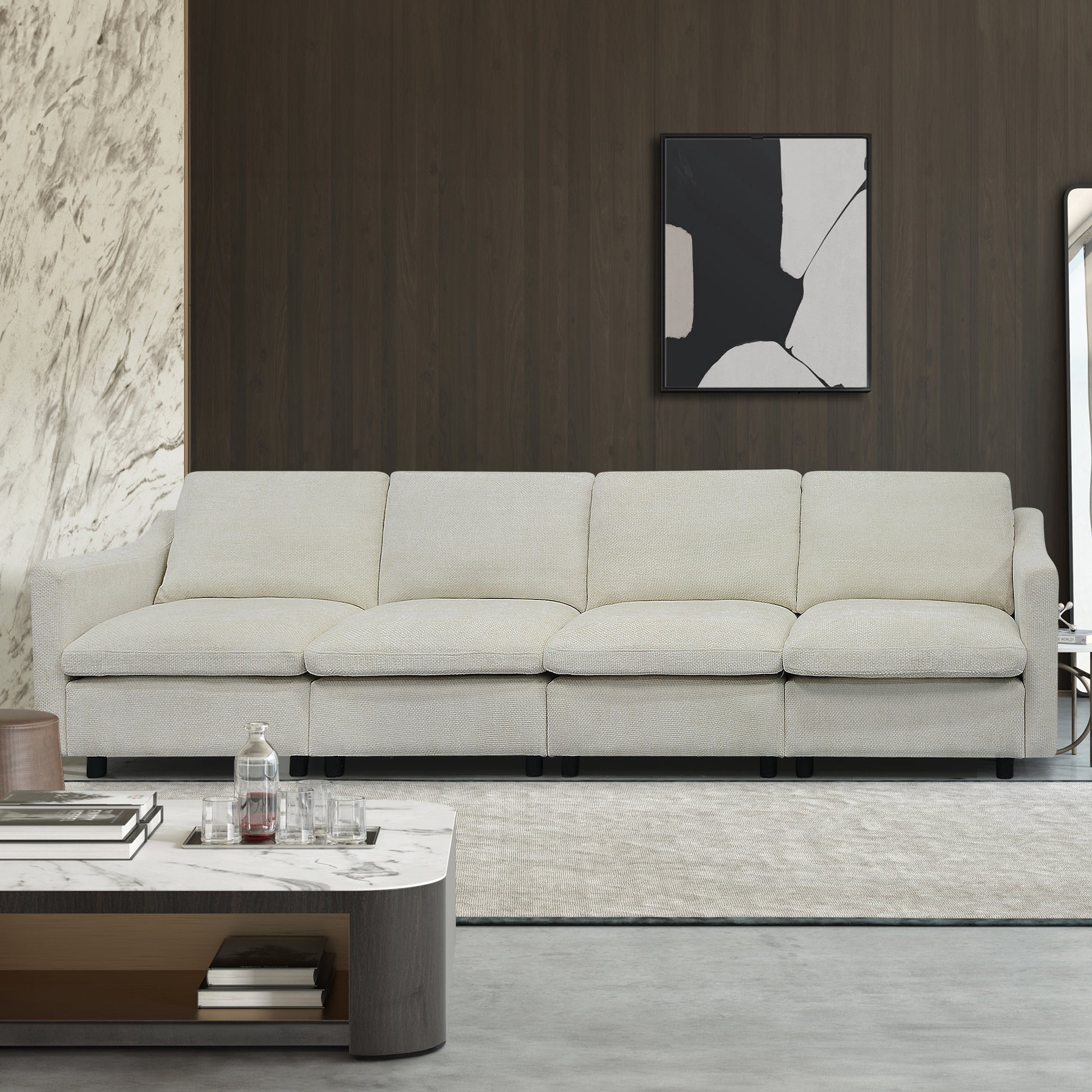 Luxurious light beige sectional sofa with plush cushions and textured fabric