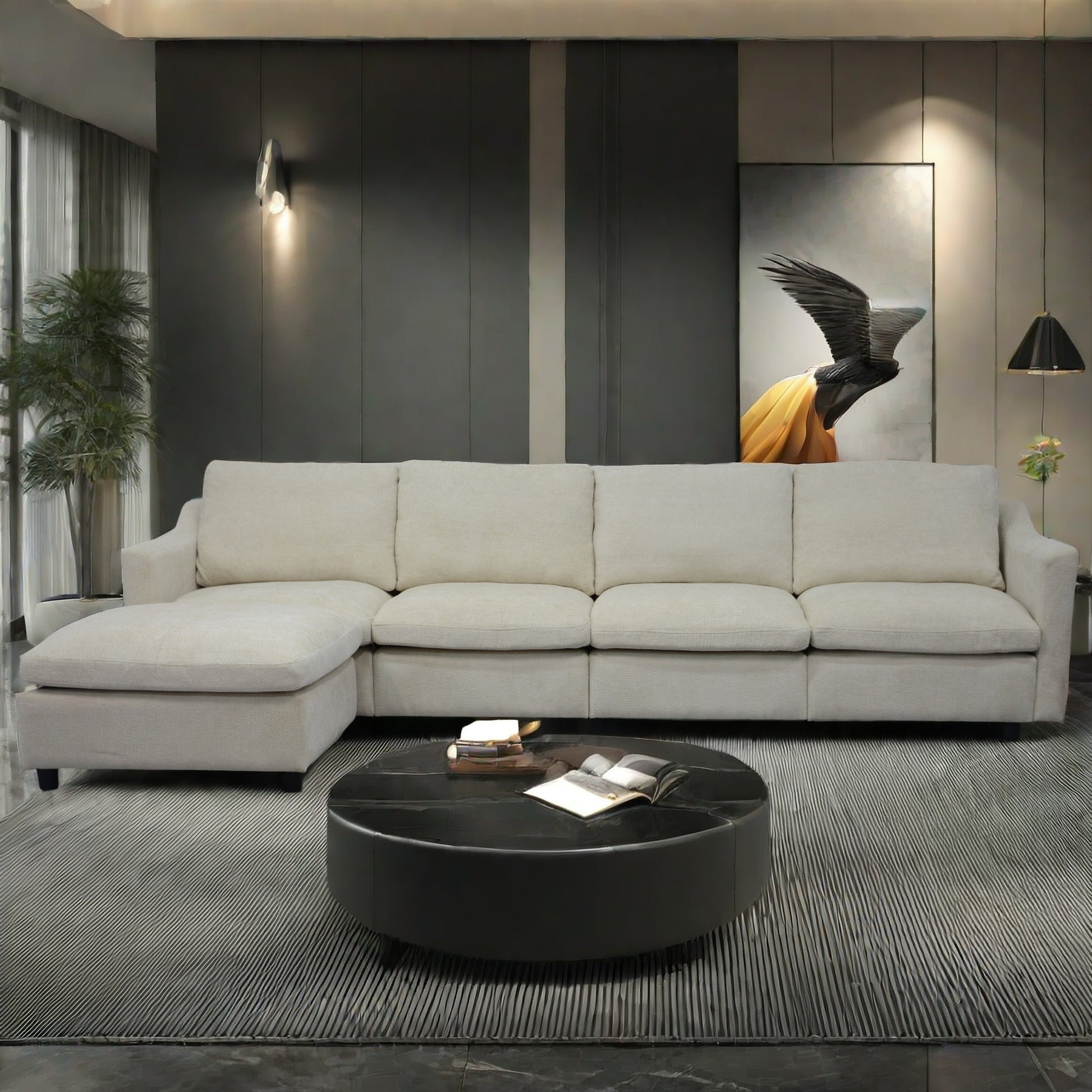 Cream linen sectional sofa with chaise lounge
