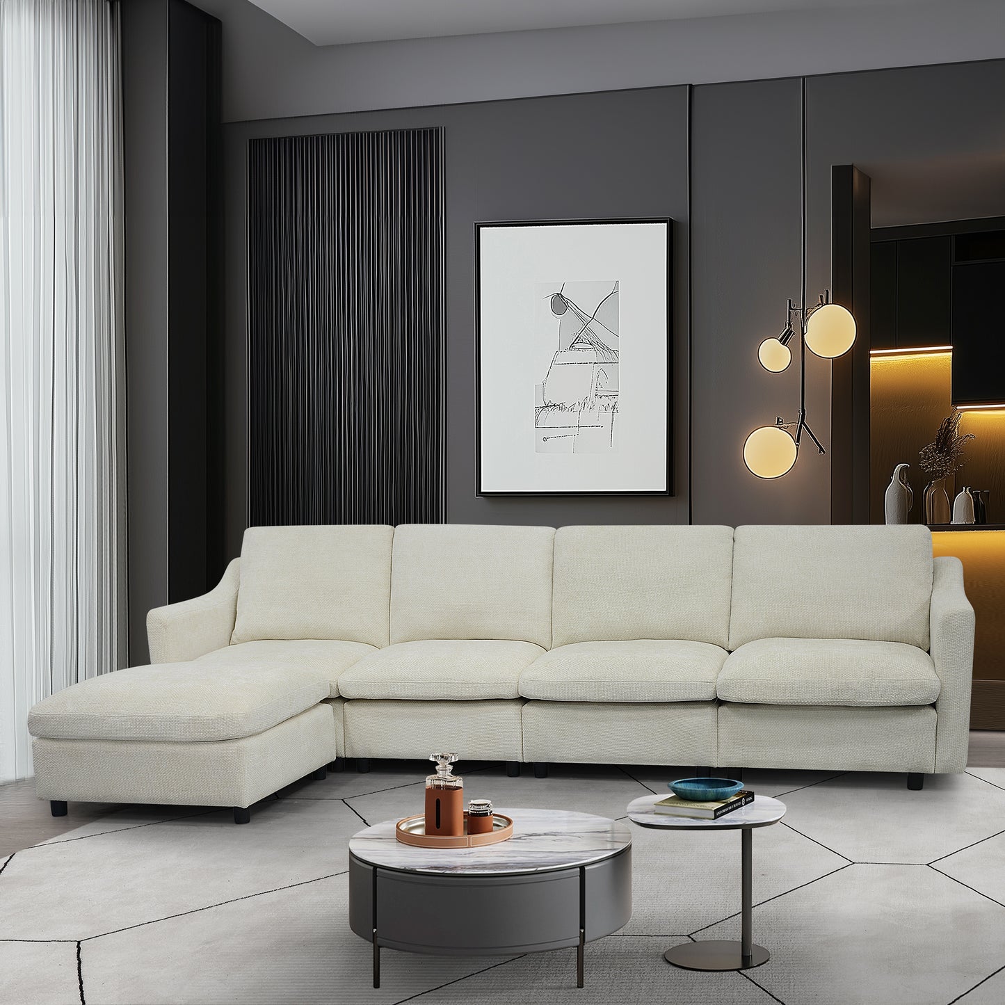 Cream sectional sofa with chaise lounge in modern living room