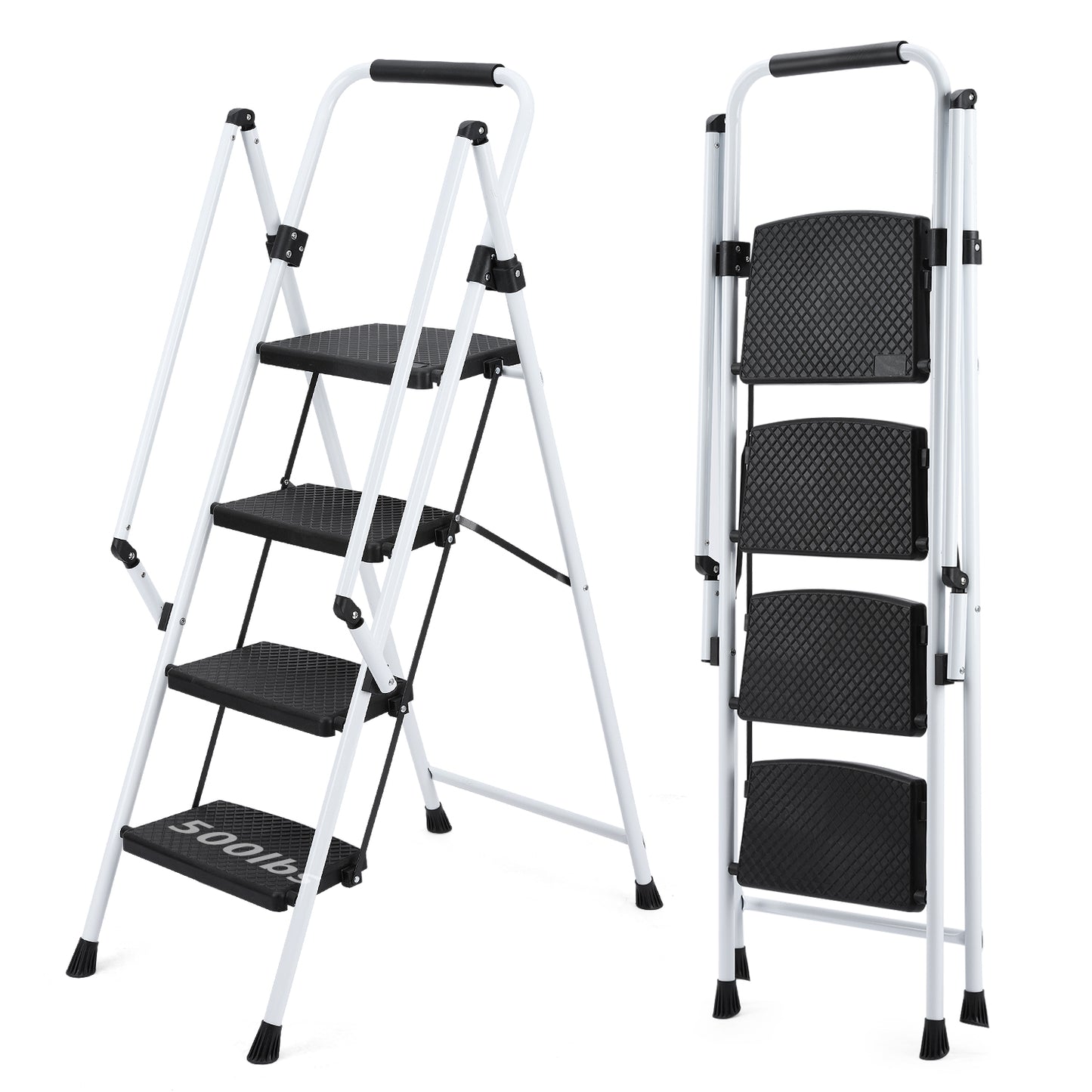 White step stepladder with black nonslip treads