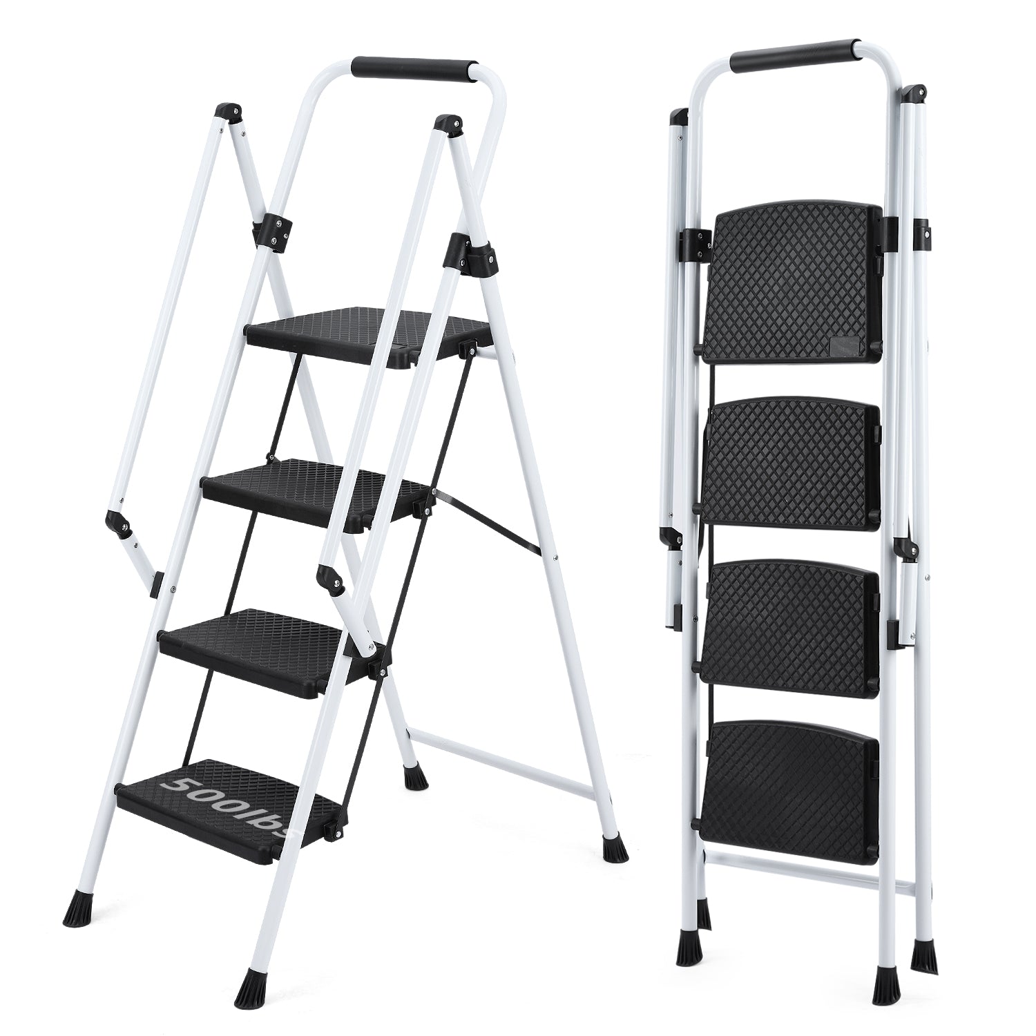 White step stepladder with black nonslip treads
