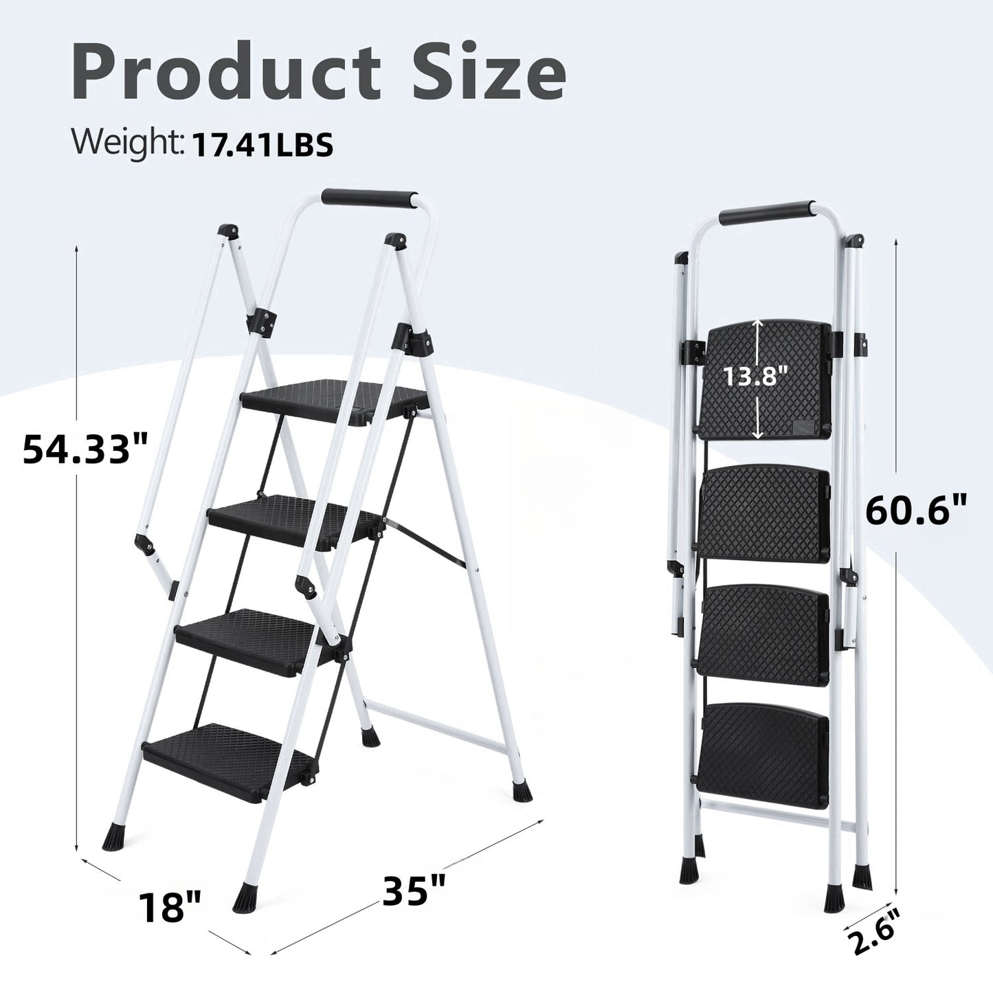 White step folding stepladder with textured black treads