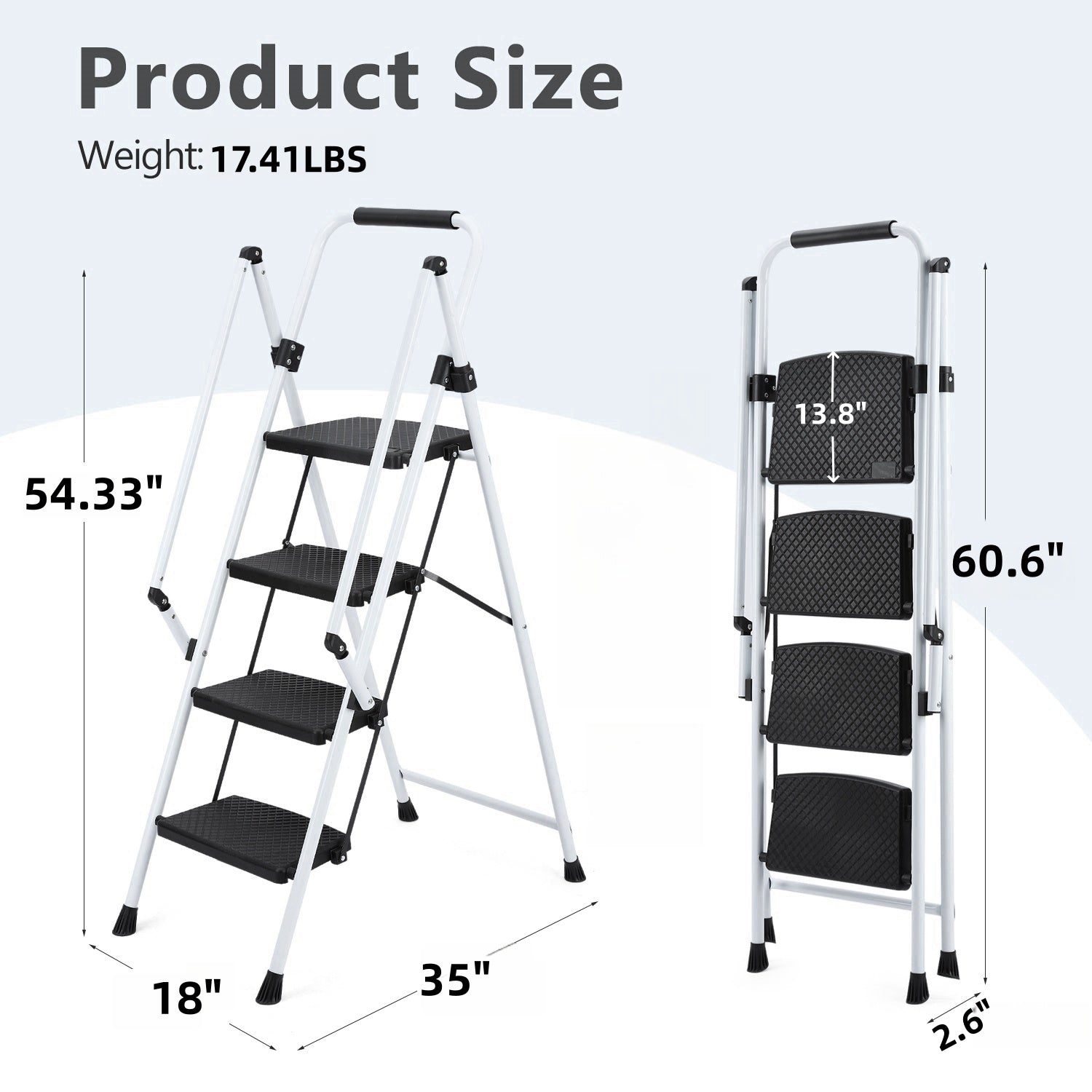 White step folding stepladder with textured black treads