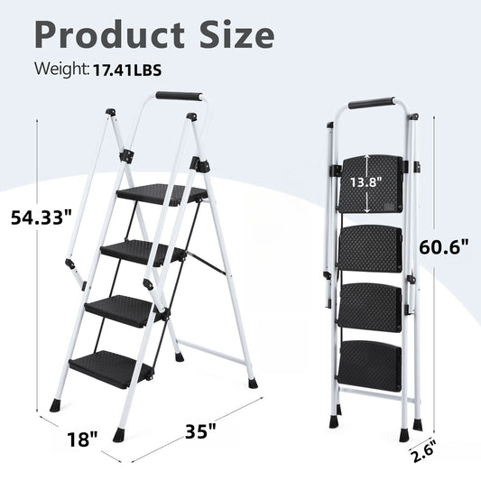 White step folding stepladder with textured black treads
