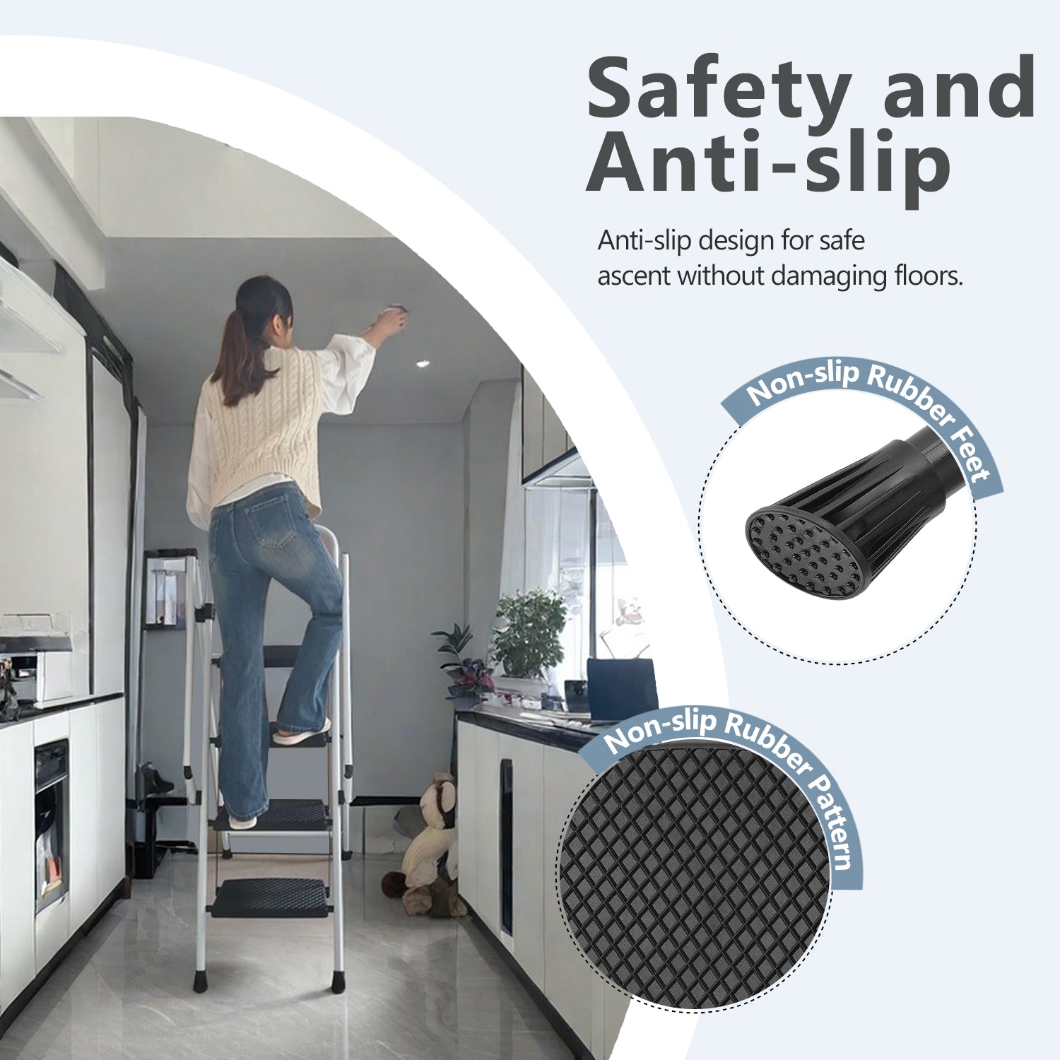 White aluminum step ladder with textured black treads