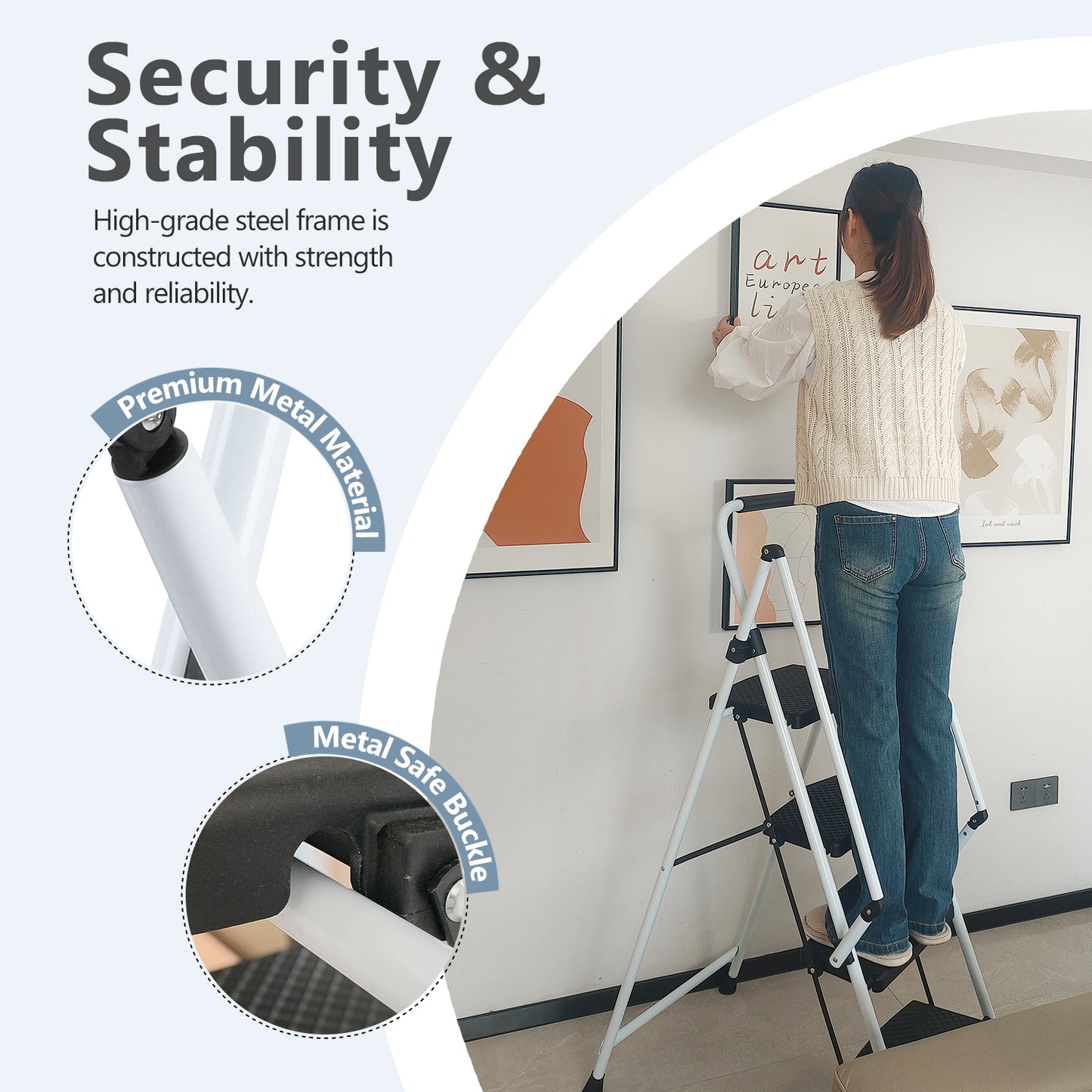 White metal folding step ladder with textured black steps