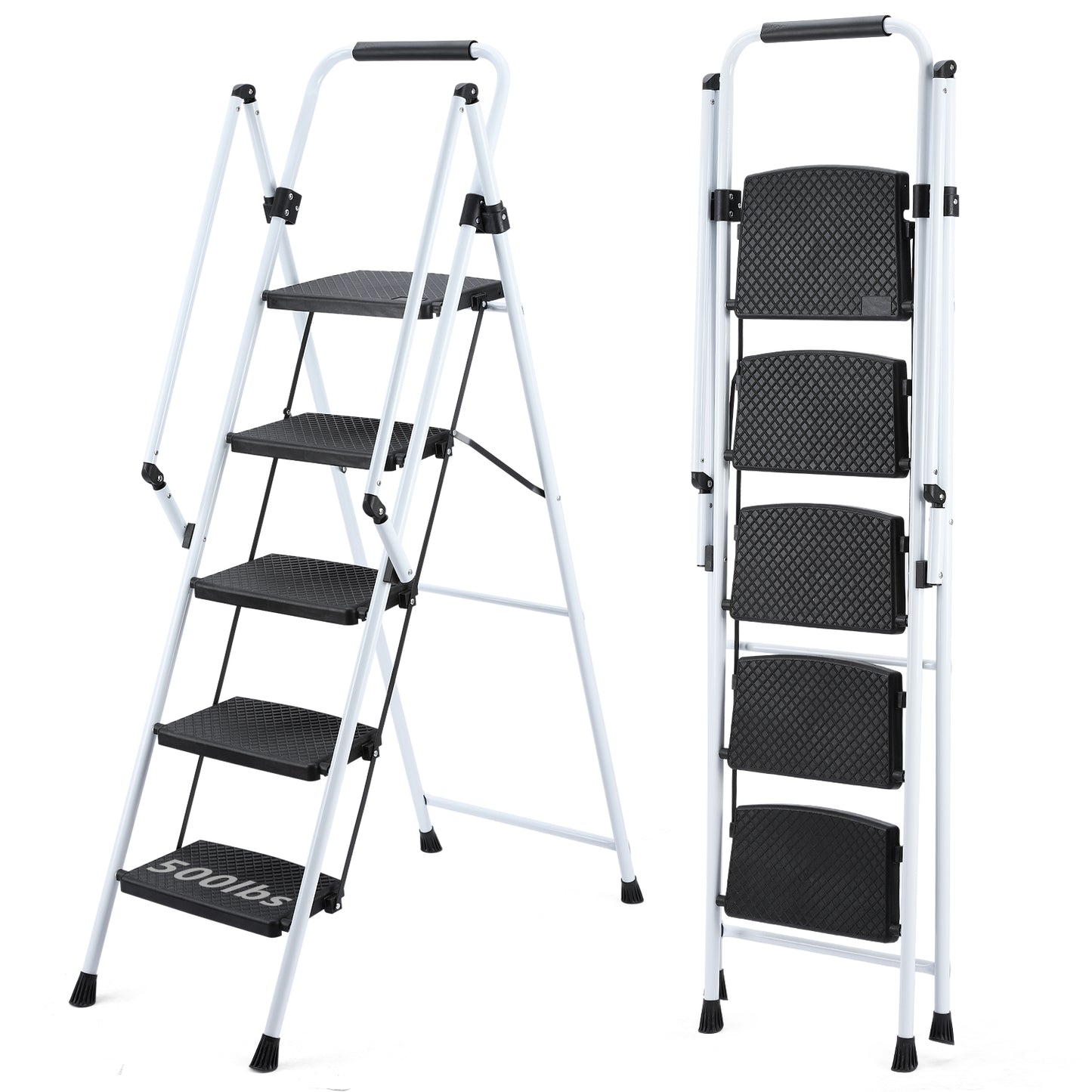 White folding step ladder with  nonslip black steps and  lbs capacity