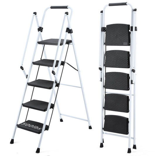 White folding step ladder with  nonslip black steps and  lbs capacity