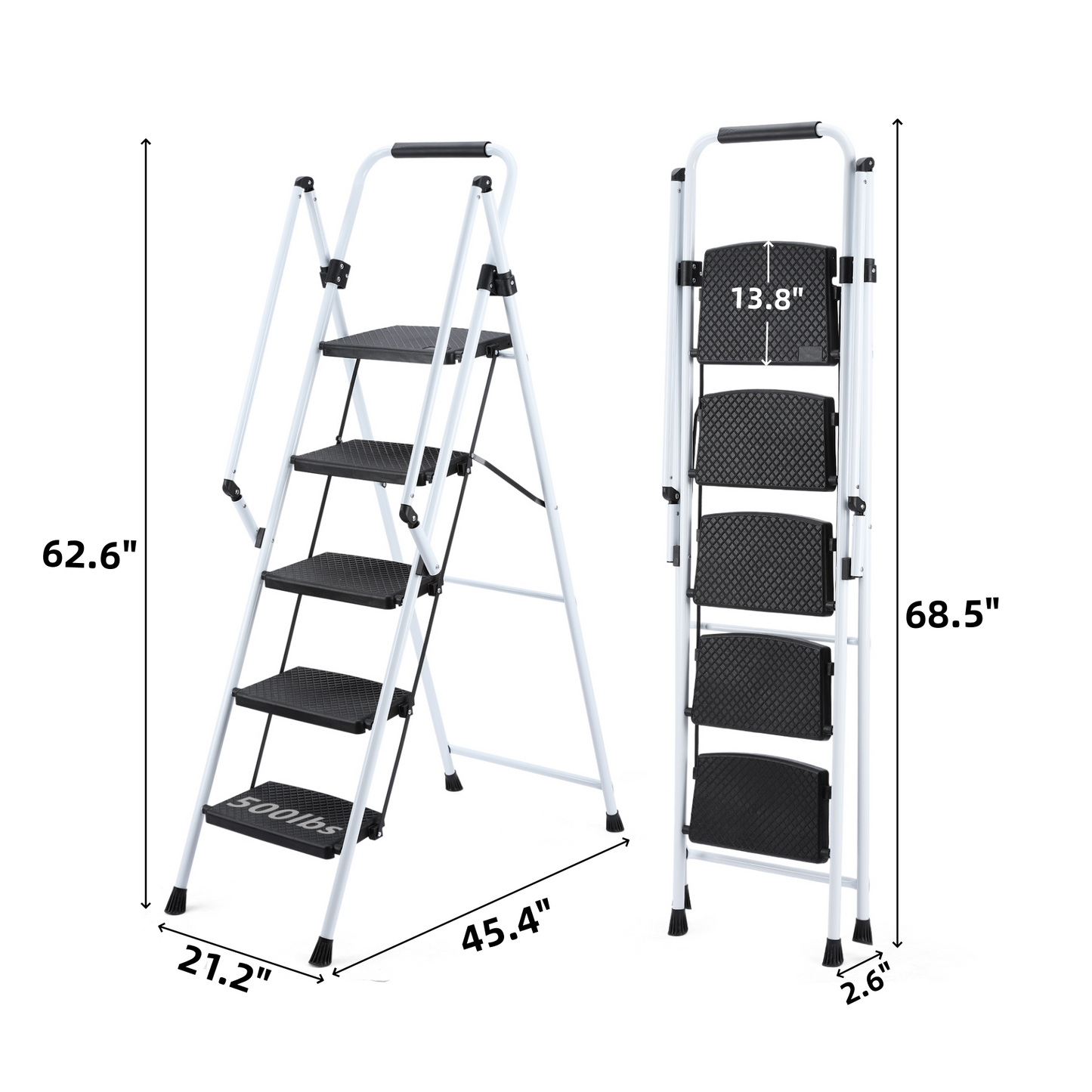 White step folding ladder with black antislip treads and a lb capacity