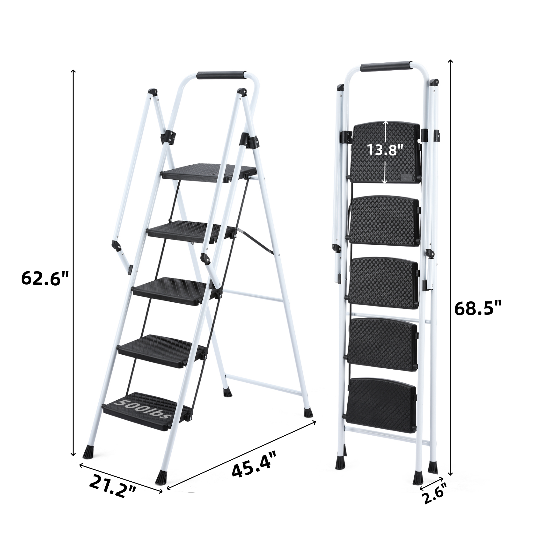 White step folding ladder with black antislip treads and a lb capacity