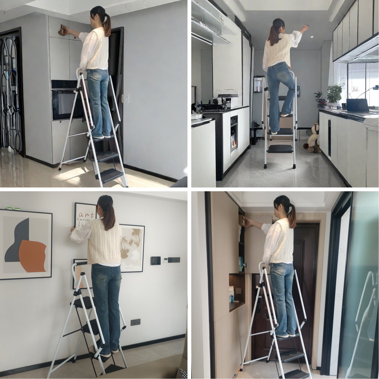 White step folding stepladder used for reaching kitchen cabinets