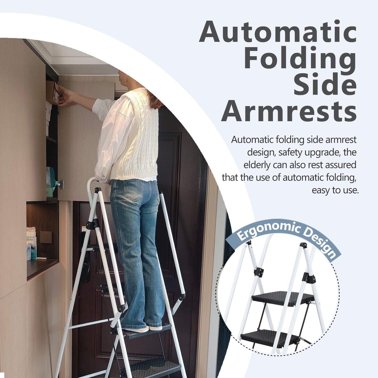 Woman reaching for item on shelf using white folding step ladder