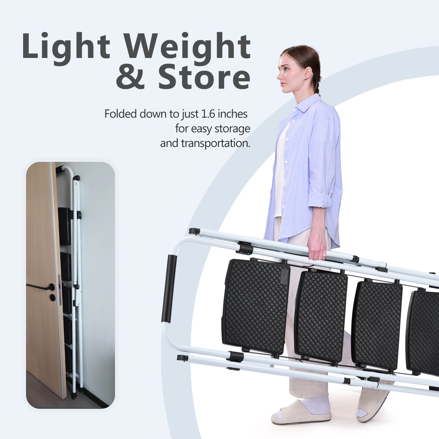 White step folding stepladder with black nonslip treads