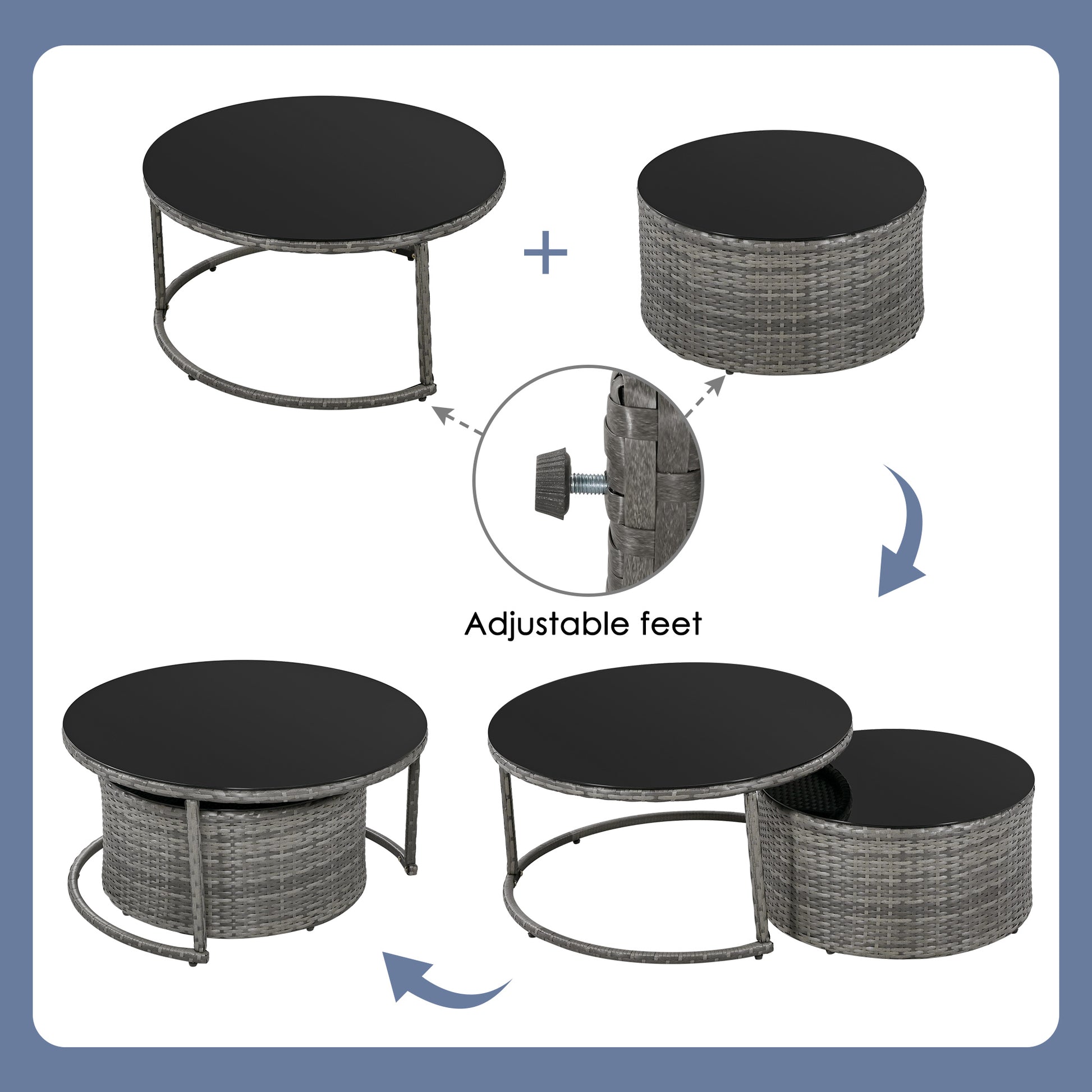 Round gray wicker nesting coffee tables with black glass tops