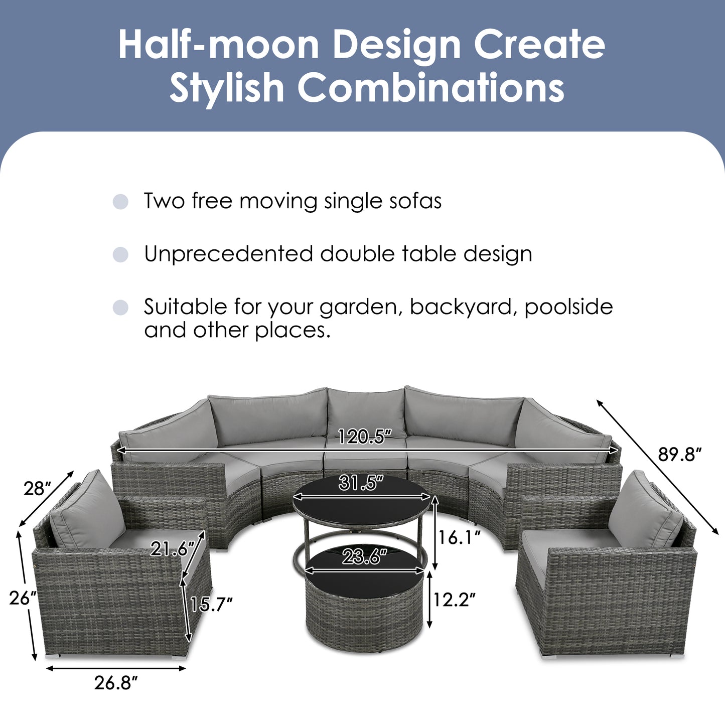 Gray wicker sectional patio furniture with plush cushions and a round coffee table