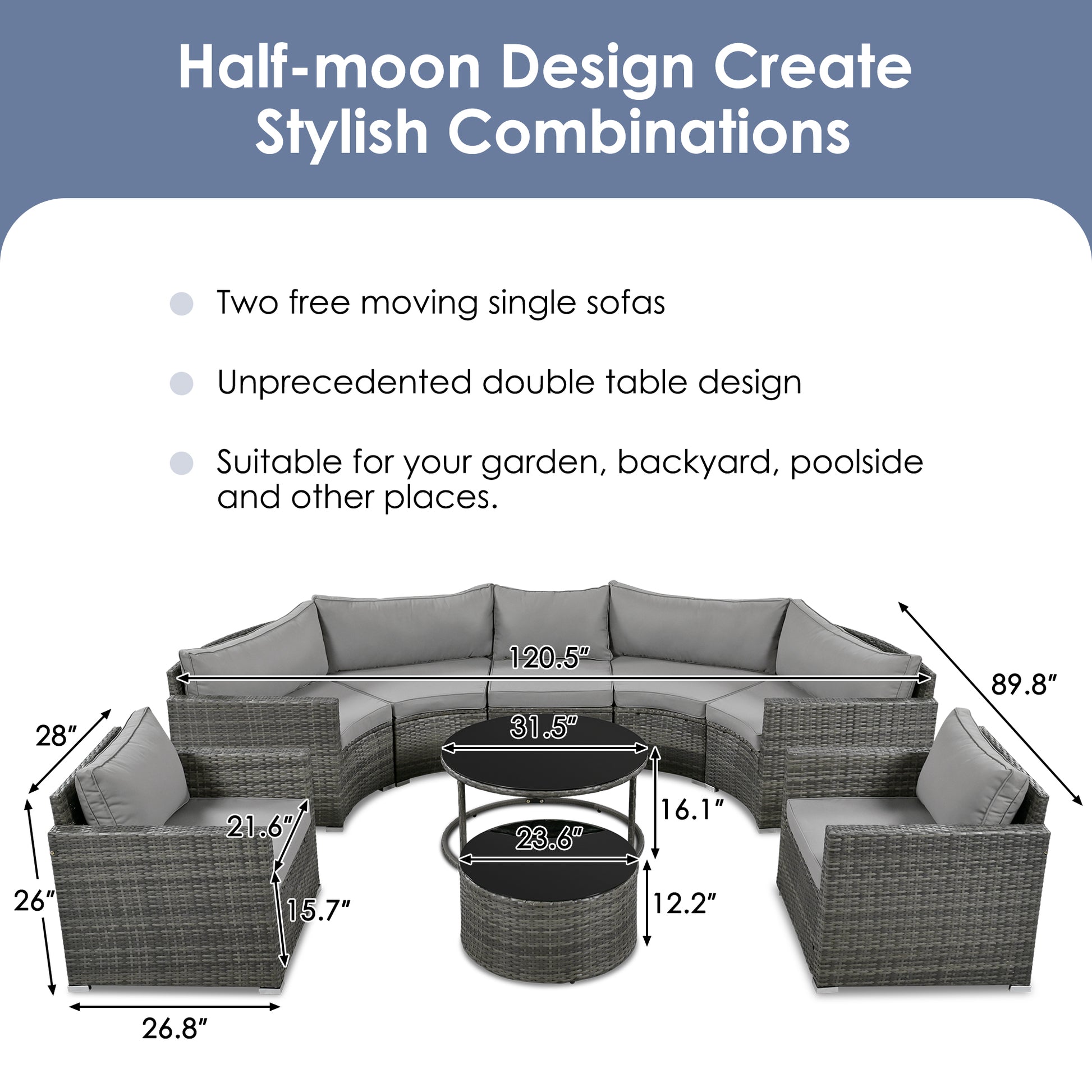 Gray wicker sectional patio furniture with plush cushions and a round coffee table