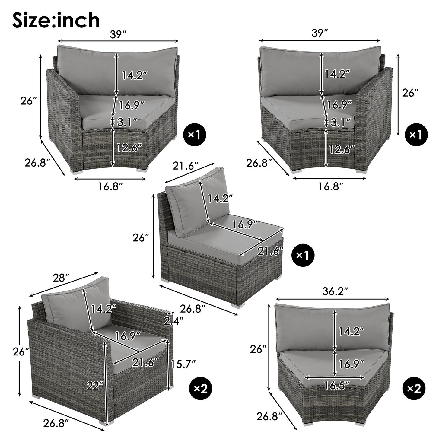 Gray rattan corner chair with dimensions