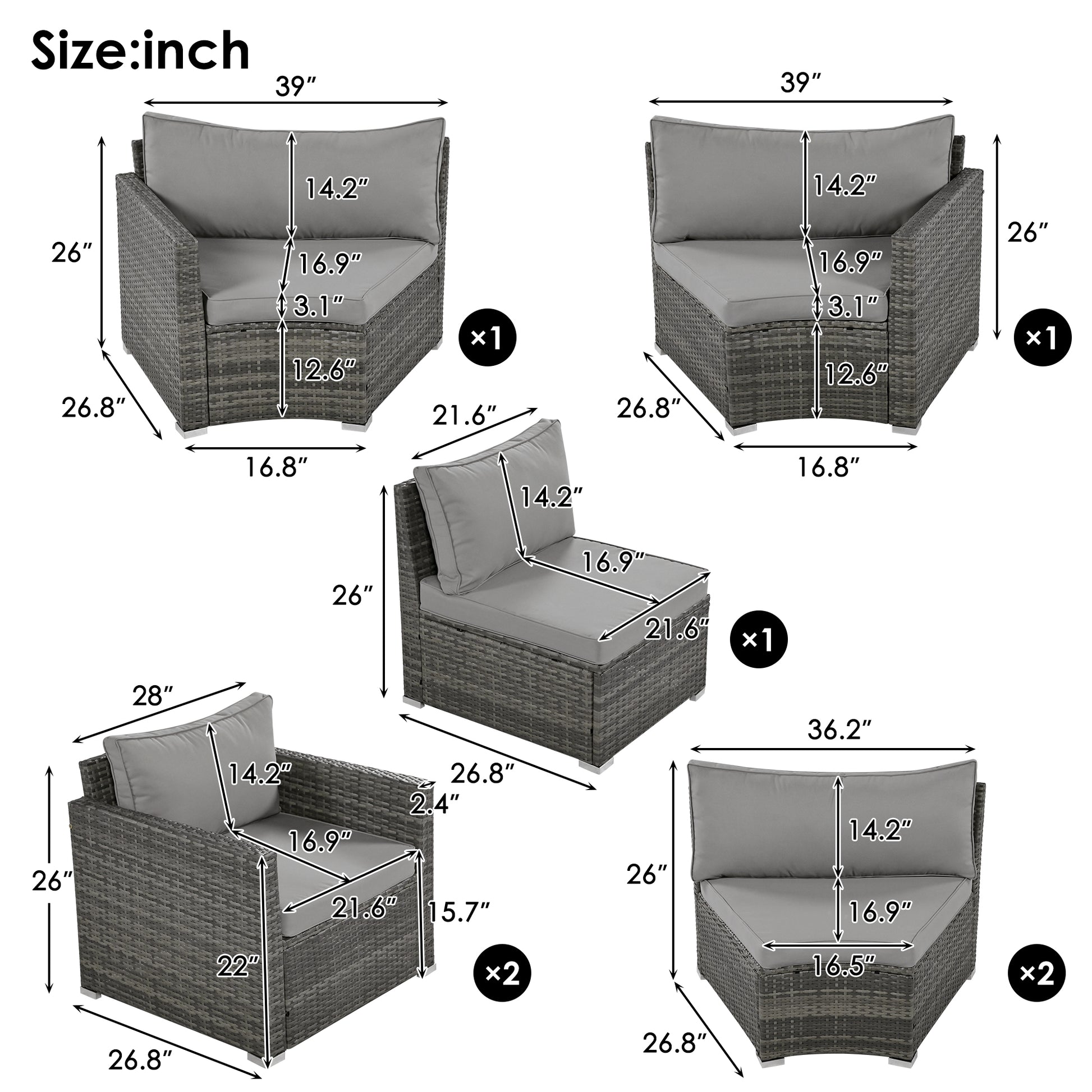 Gray rattan corner chair with dimensions