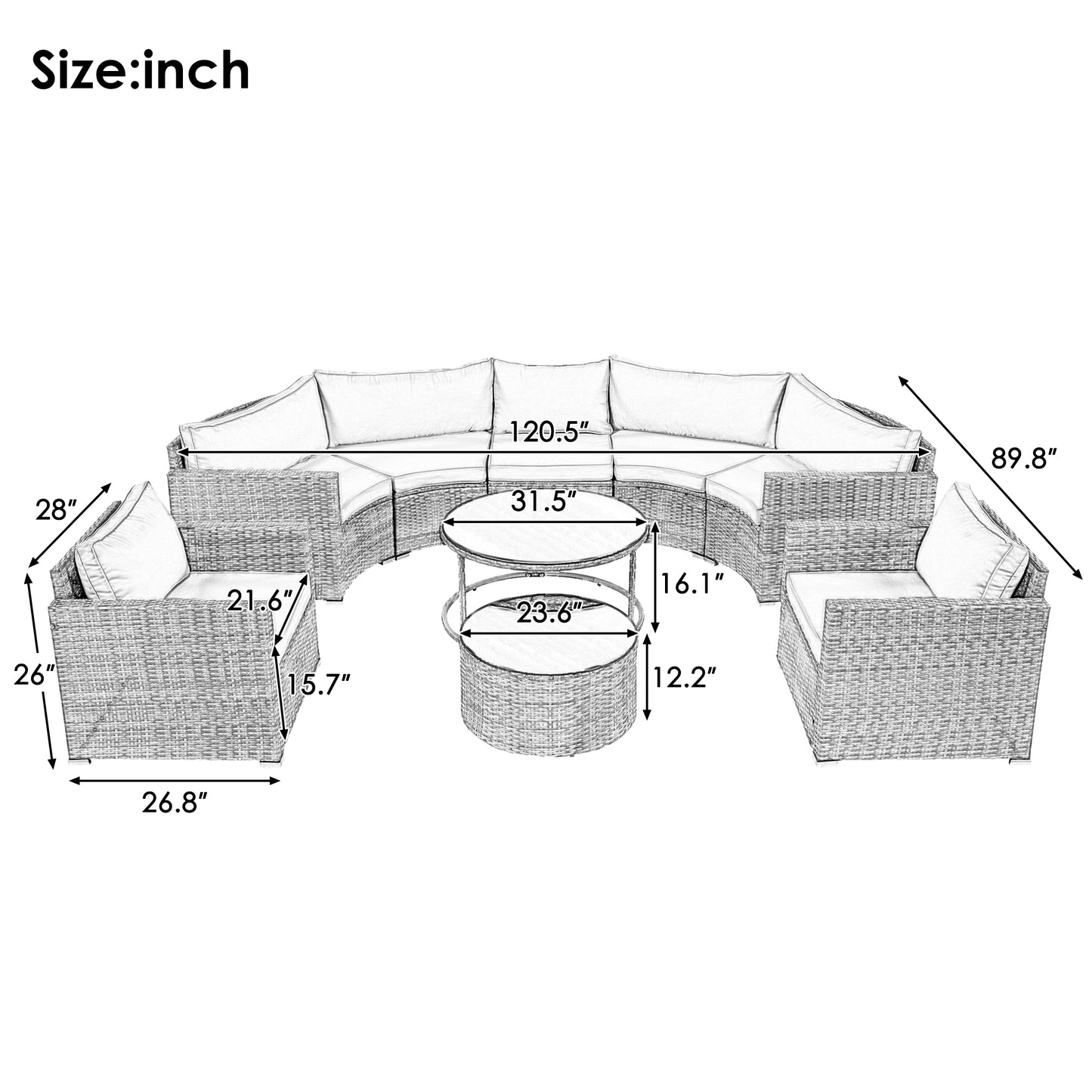 Curved outdoor sectional sofa with grey wicker and white cushions Set includes chairs and coffee table