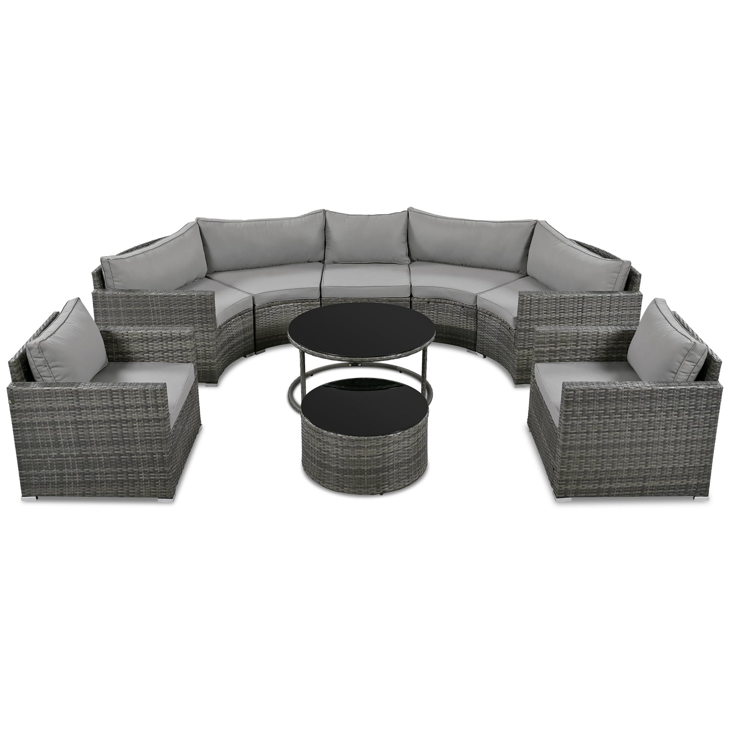 Gray rattan sectional sofa set with black glass coffee table