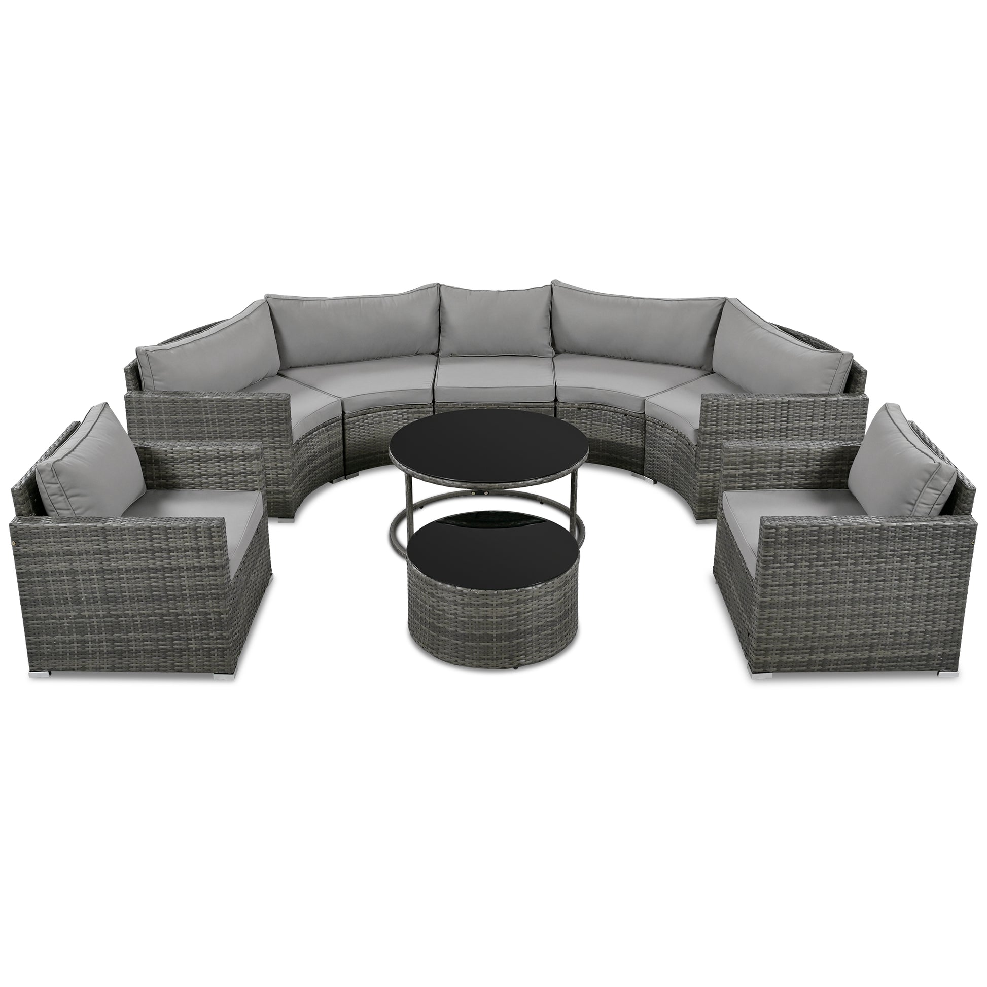 Gray rattan sectional sofa set with black glass coffee table