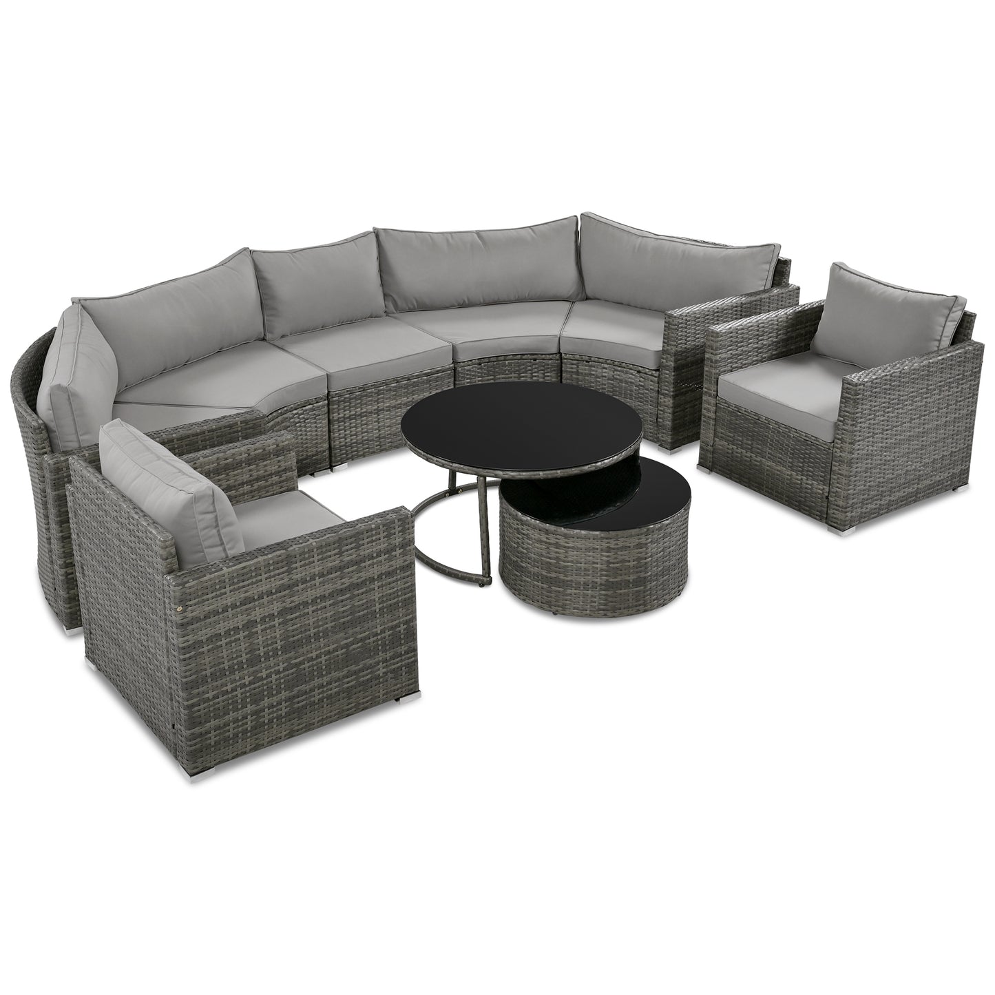 Curved grey wicker sectional outdoor sofa with plush cushions and round glasstop coffee tables