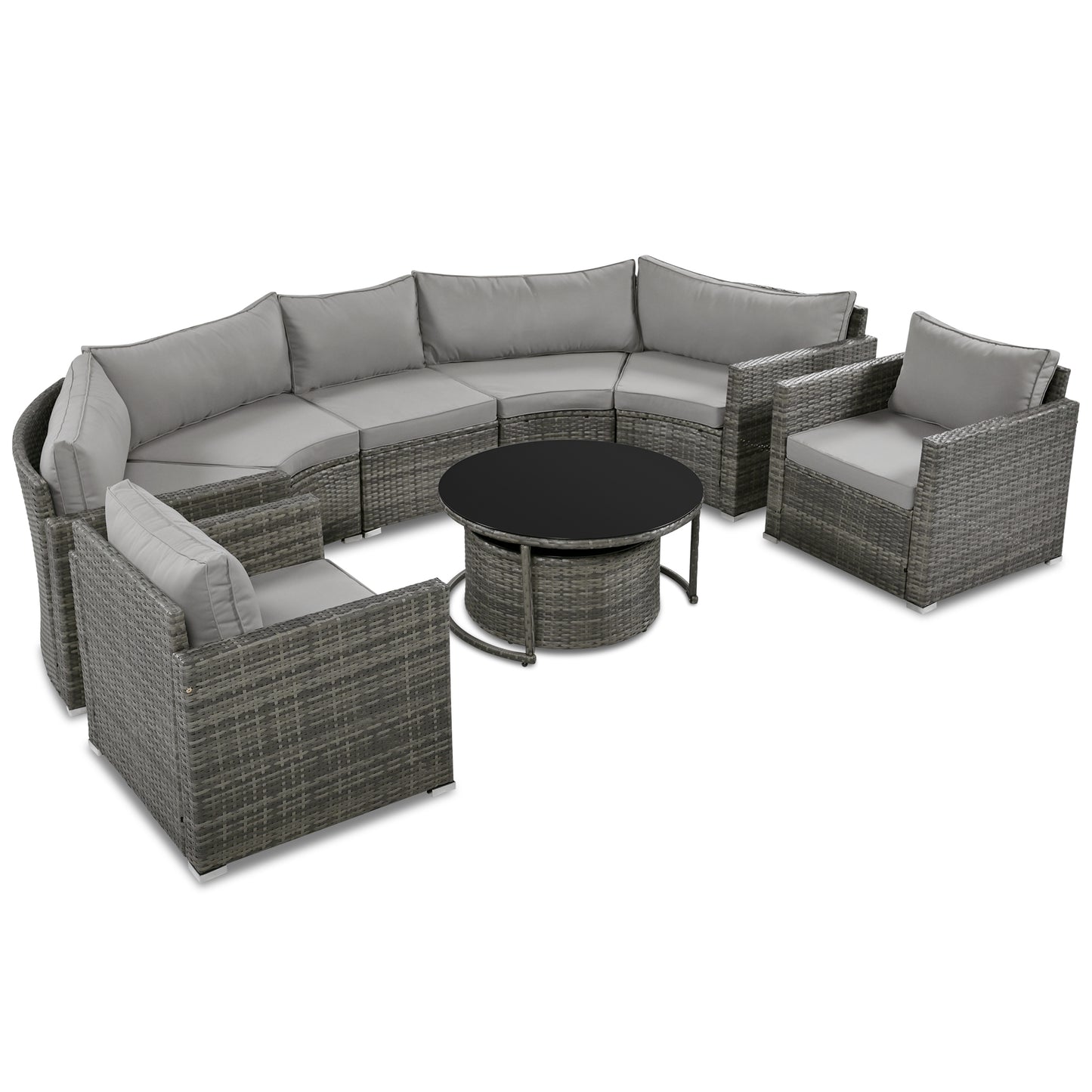Grey wicker sectional sofa with a round glasstop coffee table and chairs