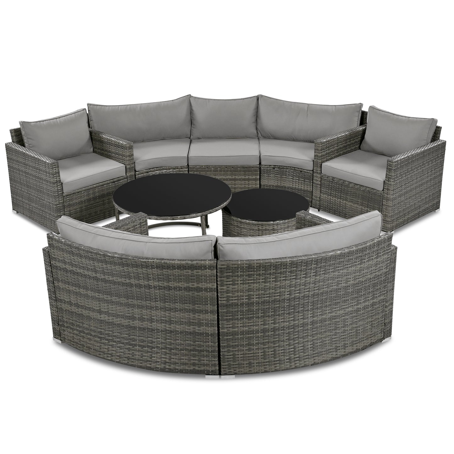 curved rattan sectional sofa with grey cushions and black coffee tables