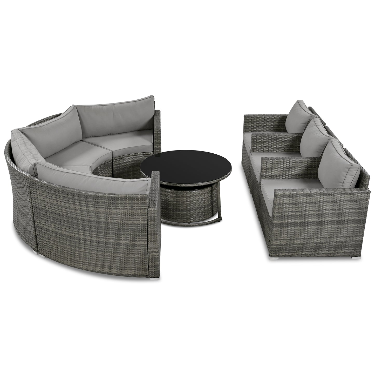 Grey rattan curved outdoor sofa with plush cushions and a round coffee table