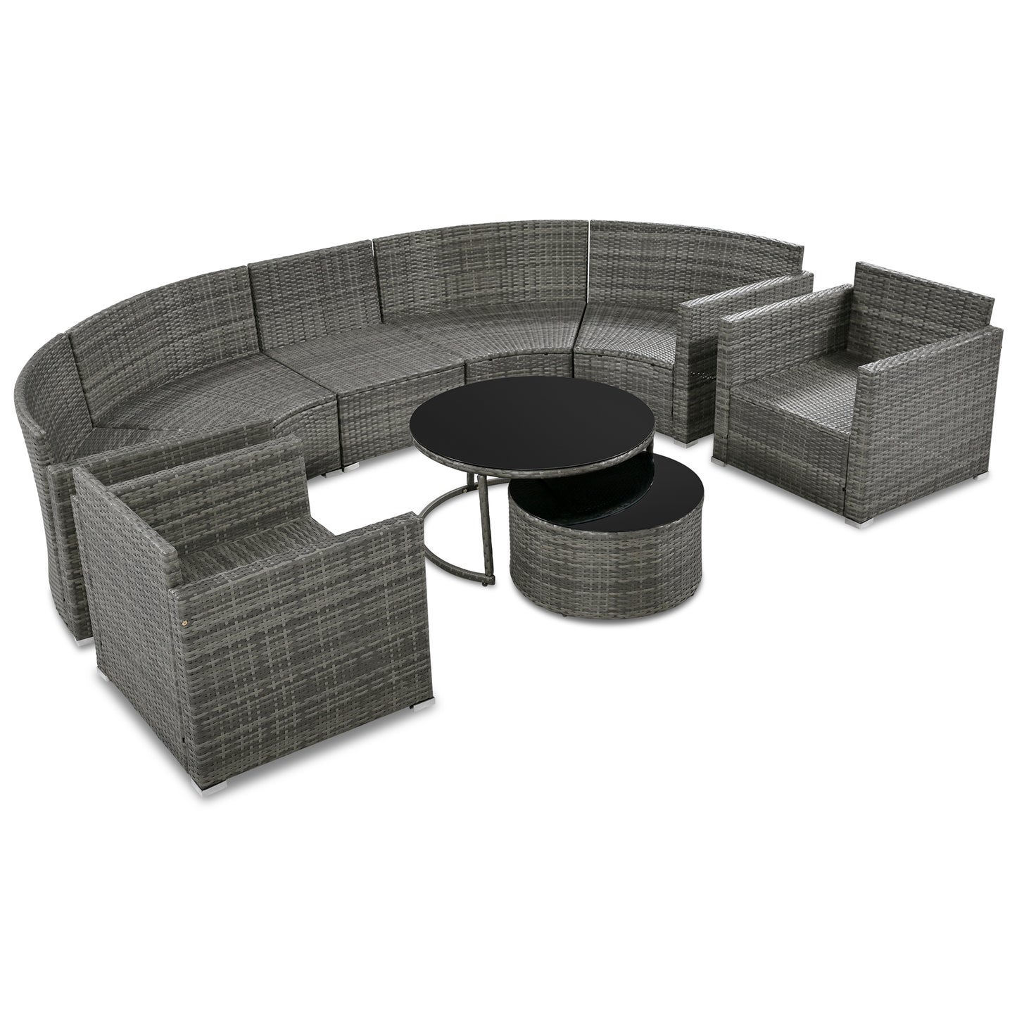 Gray wicker modular outdoor sofa set with black glass coffee table