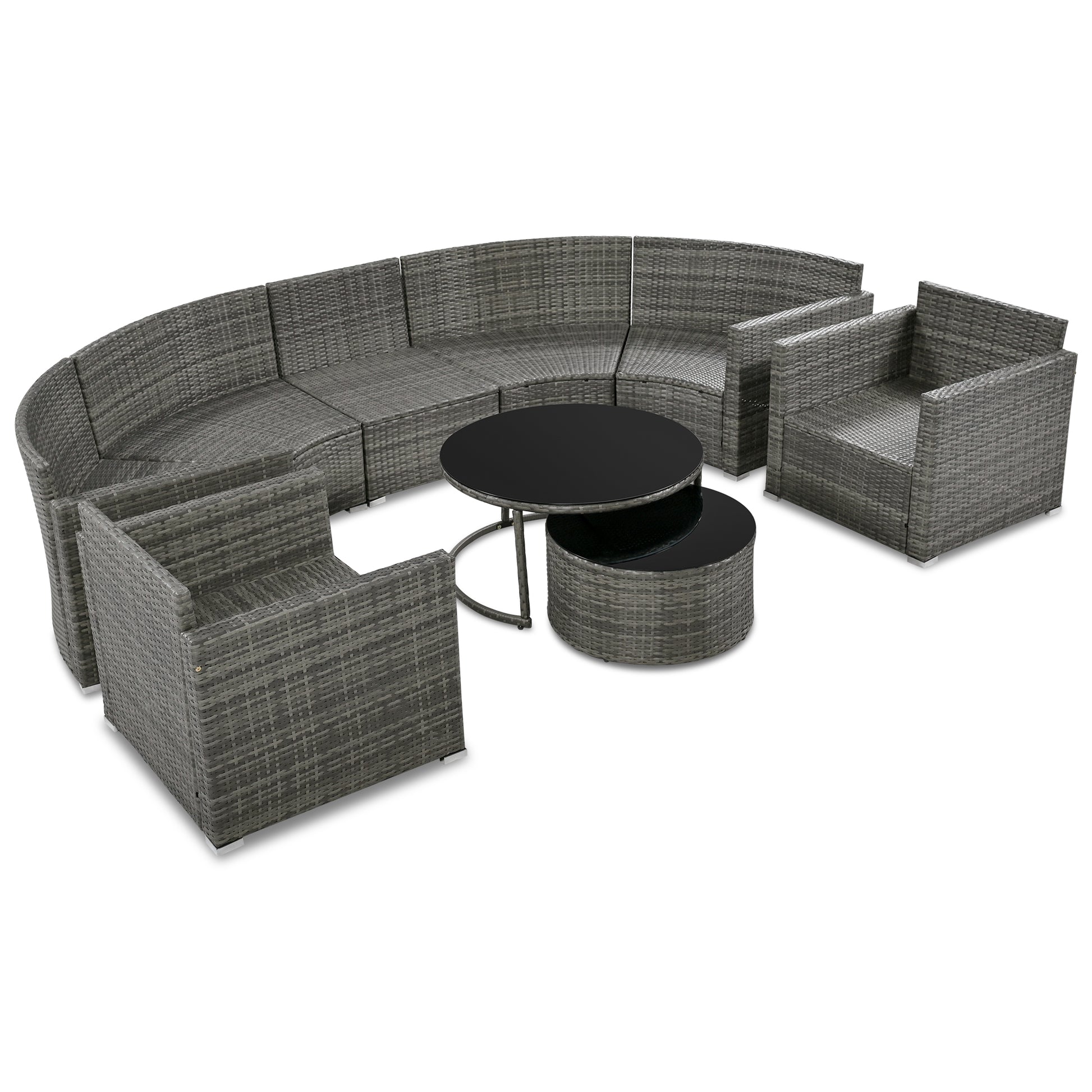 Gray wicker modular outdoor sofa set with black glass coffee table