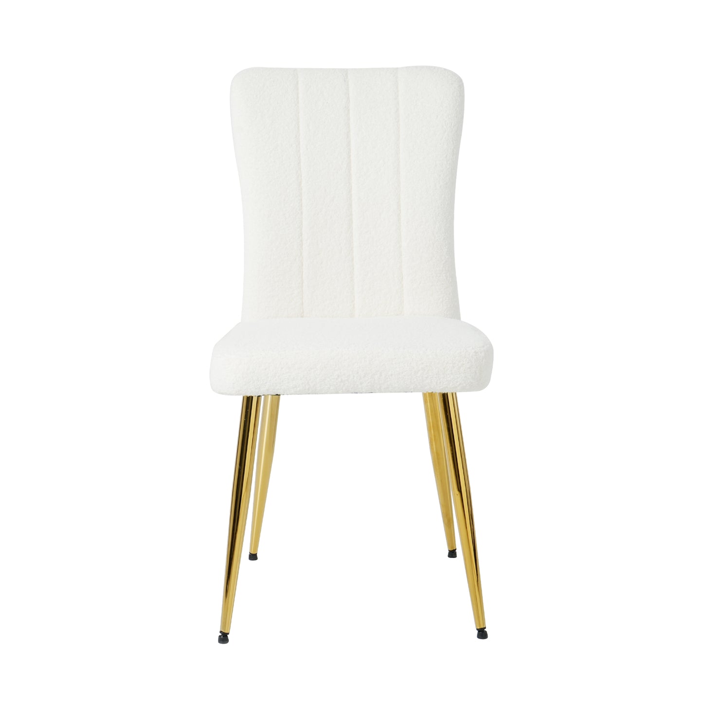 White boucle dining chair with plush seat and gold legs