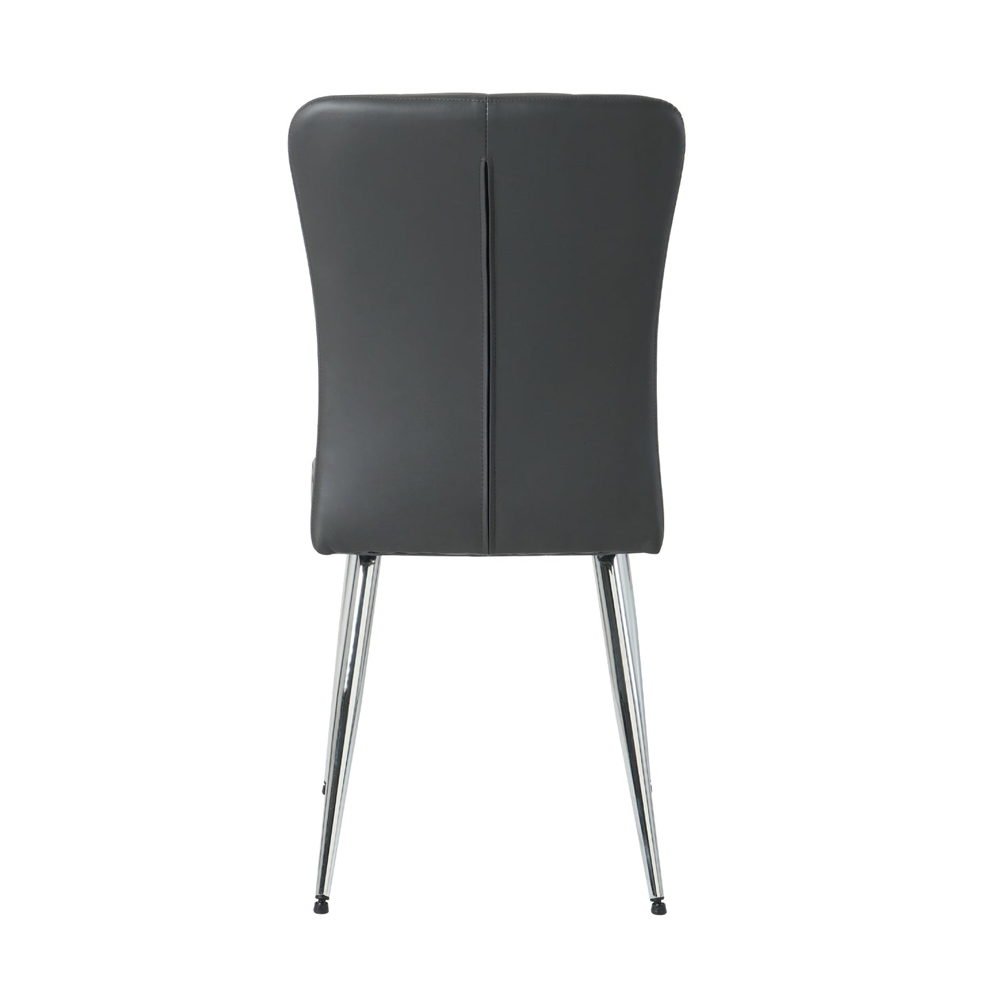 Back view of dark gray faux leather dining chair with chrome legs