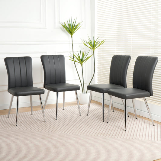 Set of four modern black faux leather dining chairs with chrome legs