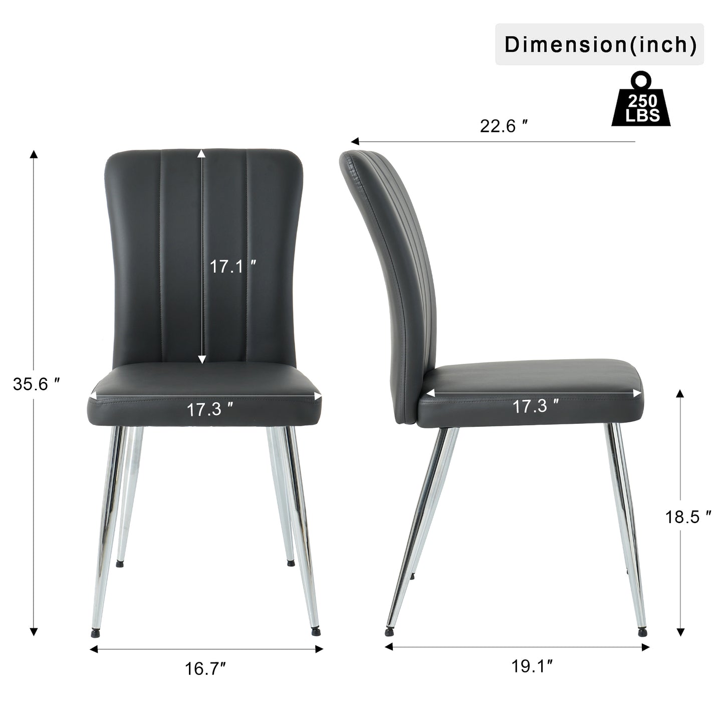 Black faux leather dining chair with channel tufting and chrome legs