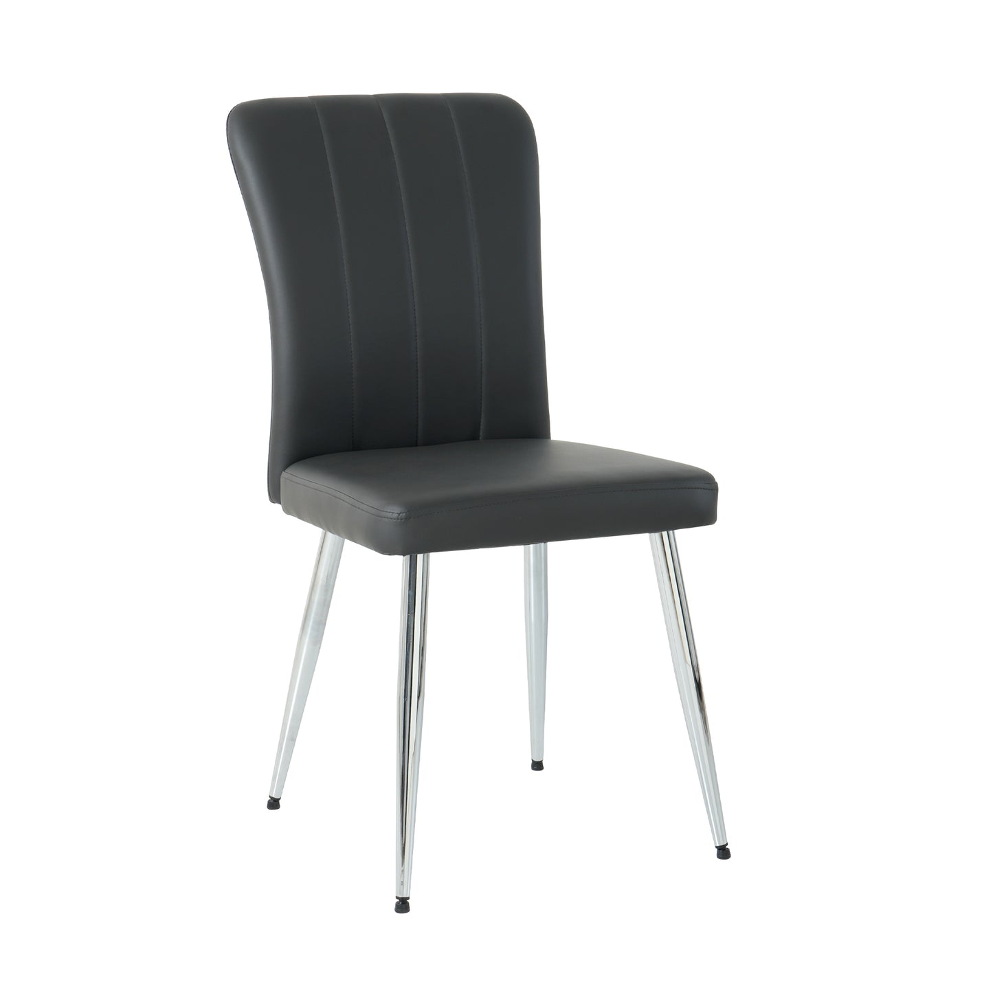 Black upholstered dining chair with padded seat and vertical stitch detailing on back