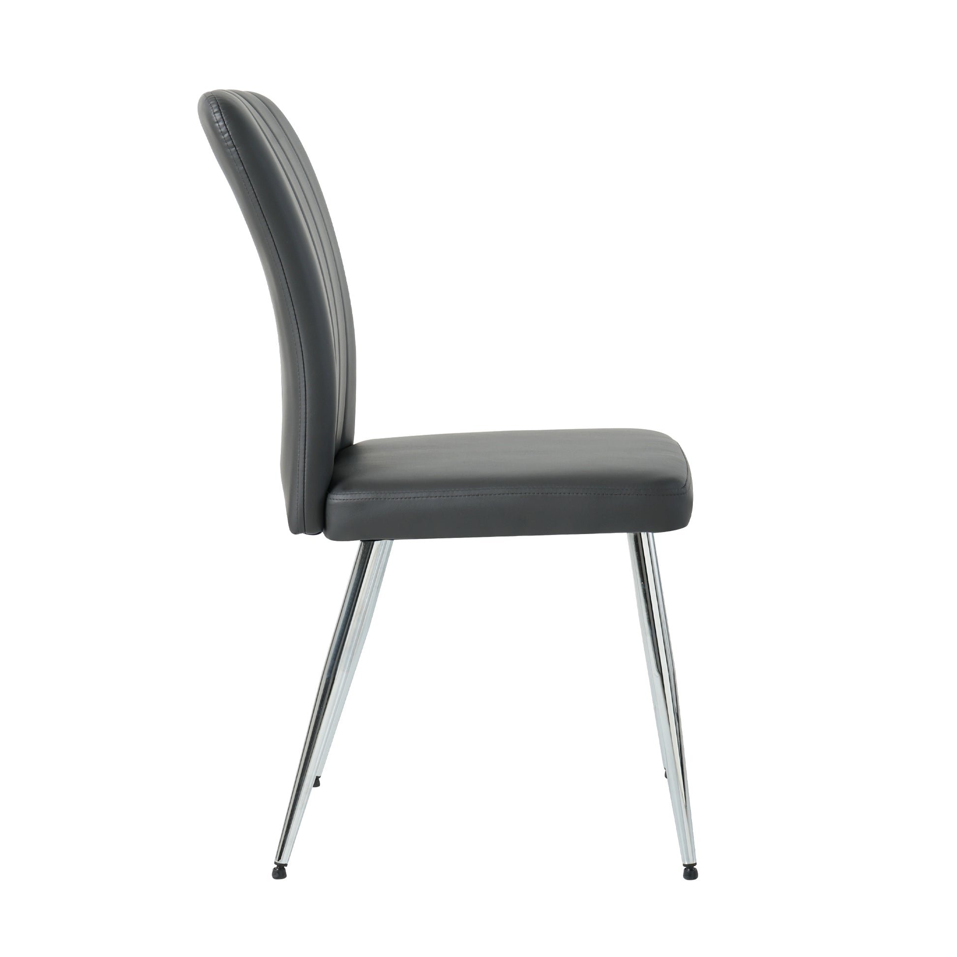 Dark gray faux leather dining chair with channeled back and chrome legs