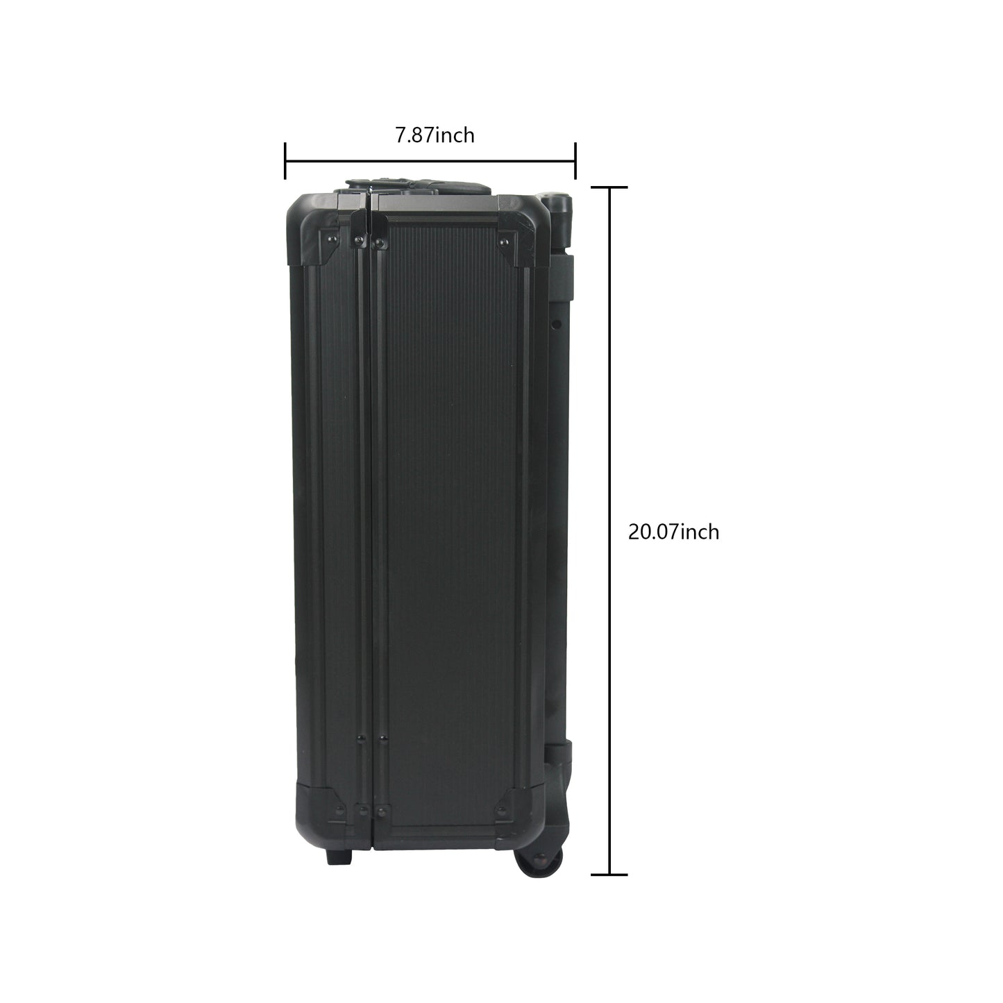 Black aluminum rolling makeup case with reinforced corners and wheels  inches tall
