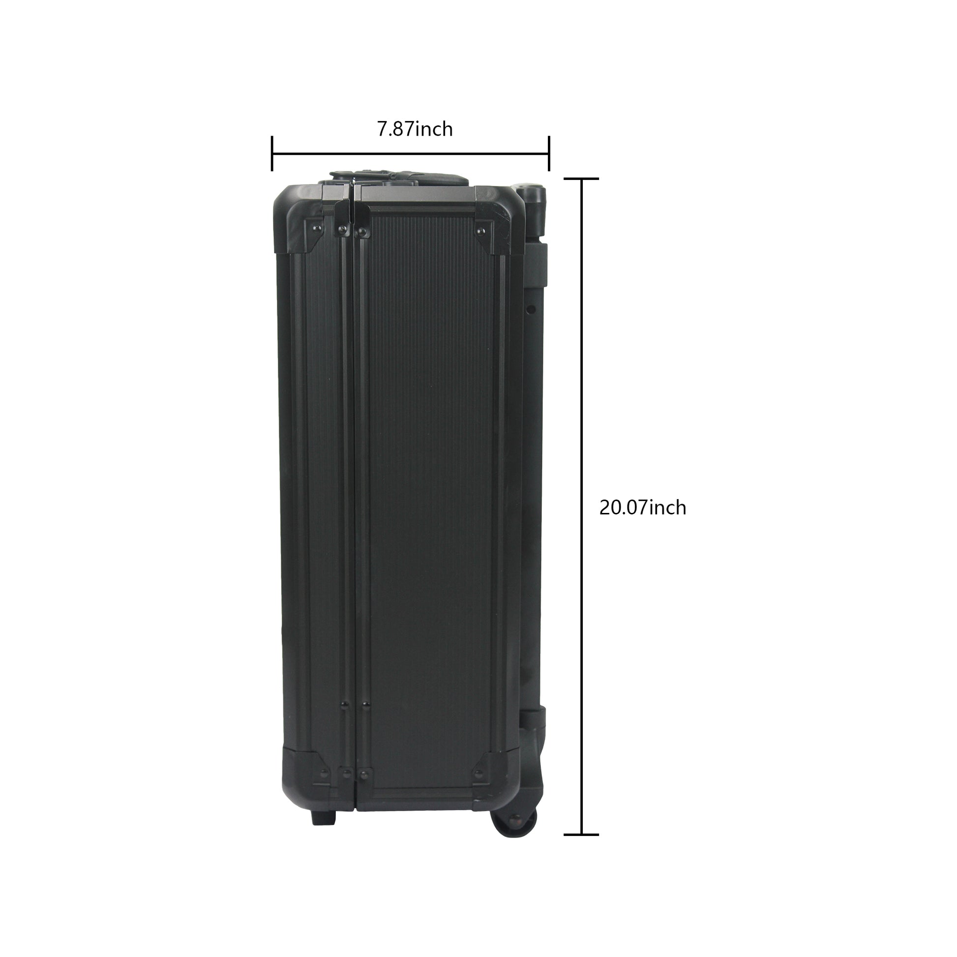 Black aluminum rolling makeup case with reinforced corners and wheels  inches tall