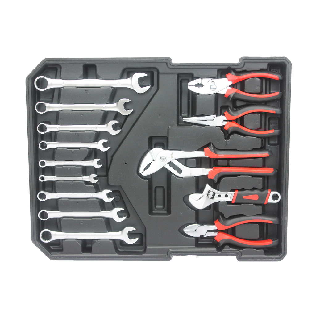 Assorted wrench set in a black plastic organizer tray