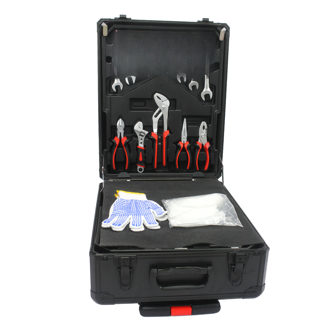 Black portable tool kit with pliers wrenches and work gloves inside