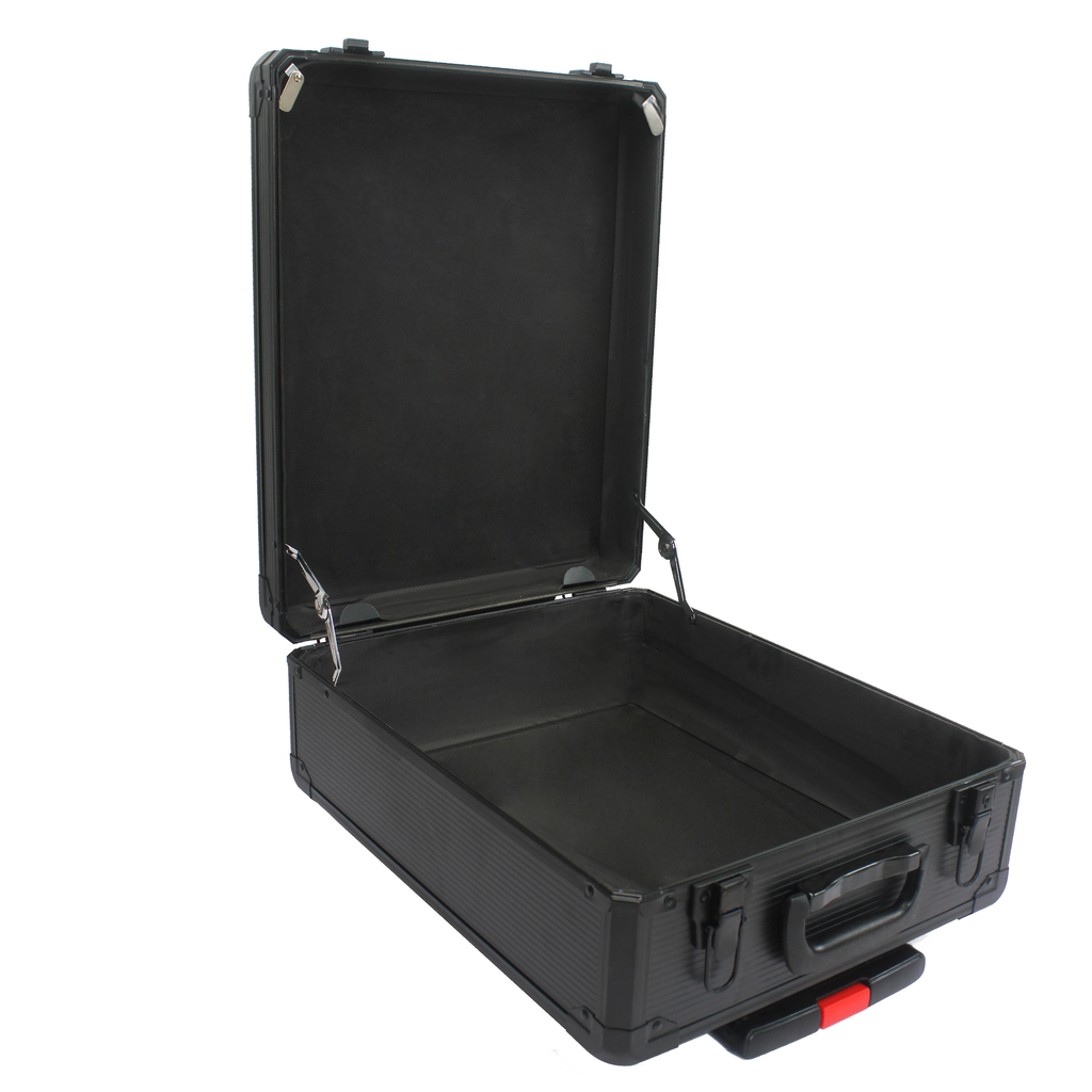 Black aluminum briefcase with silver clasps open to showcase interior