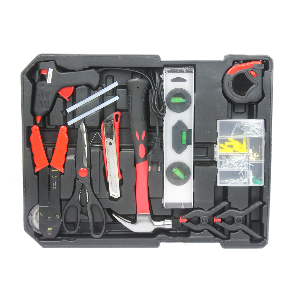 Versatile home repair tool kit with hammer level tape measure and hot glue gun