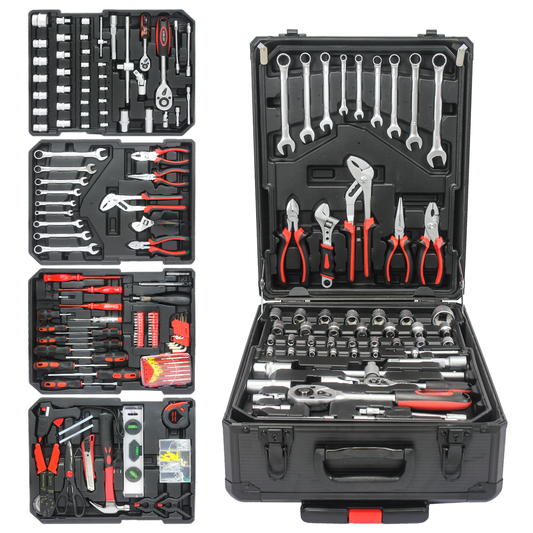 Black aluminum tool kit with various wrenches pliers and sockets