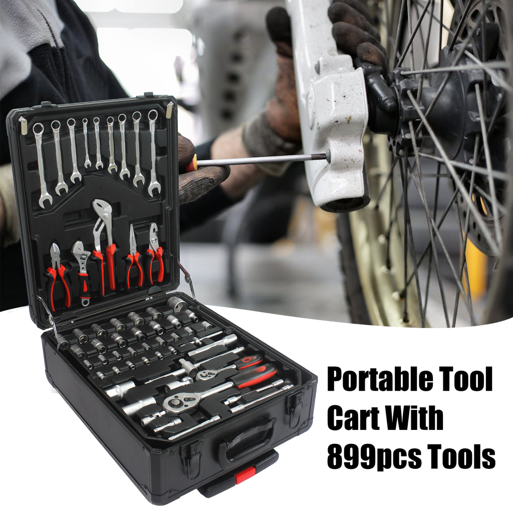 Durable black toolbox filled with a comprehensive piece mechanic tool set