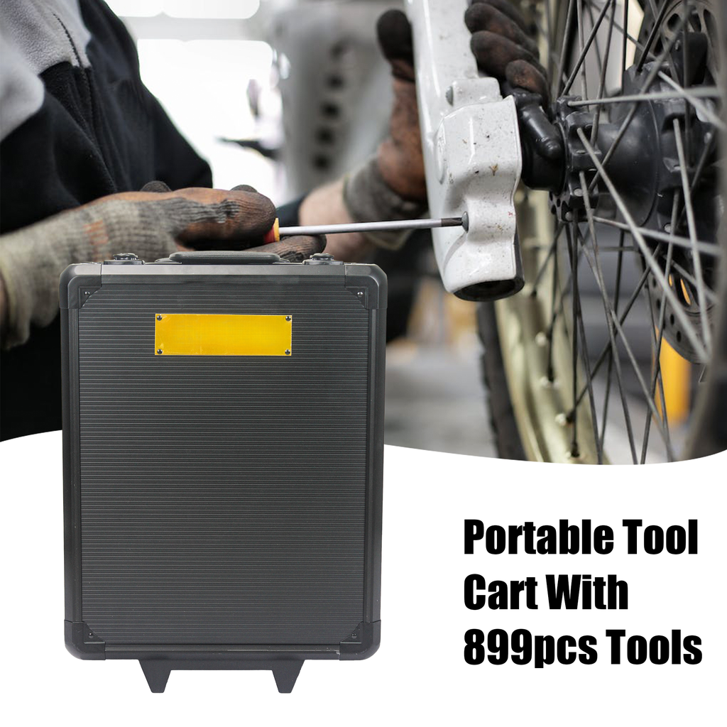 Black portable tool cart with yellow nameplate