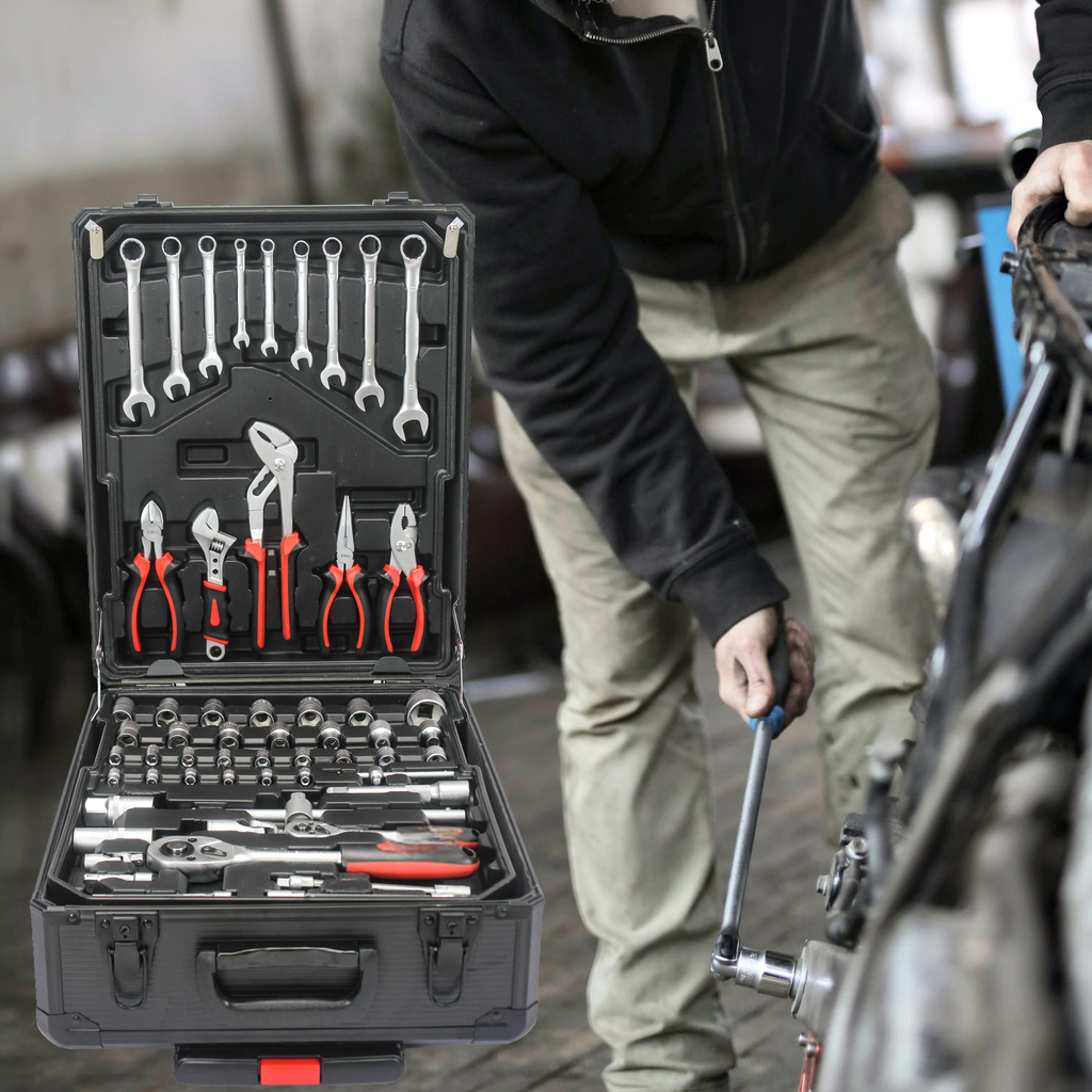 Open black toolkit showcasing various wrenches and pliers