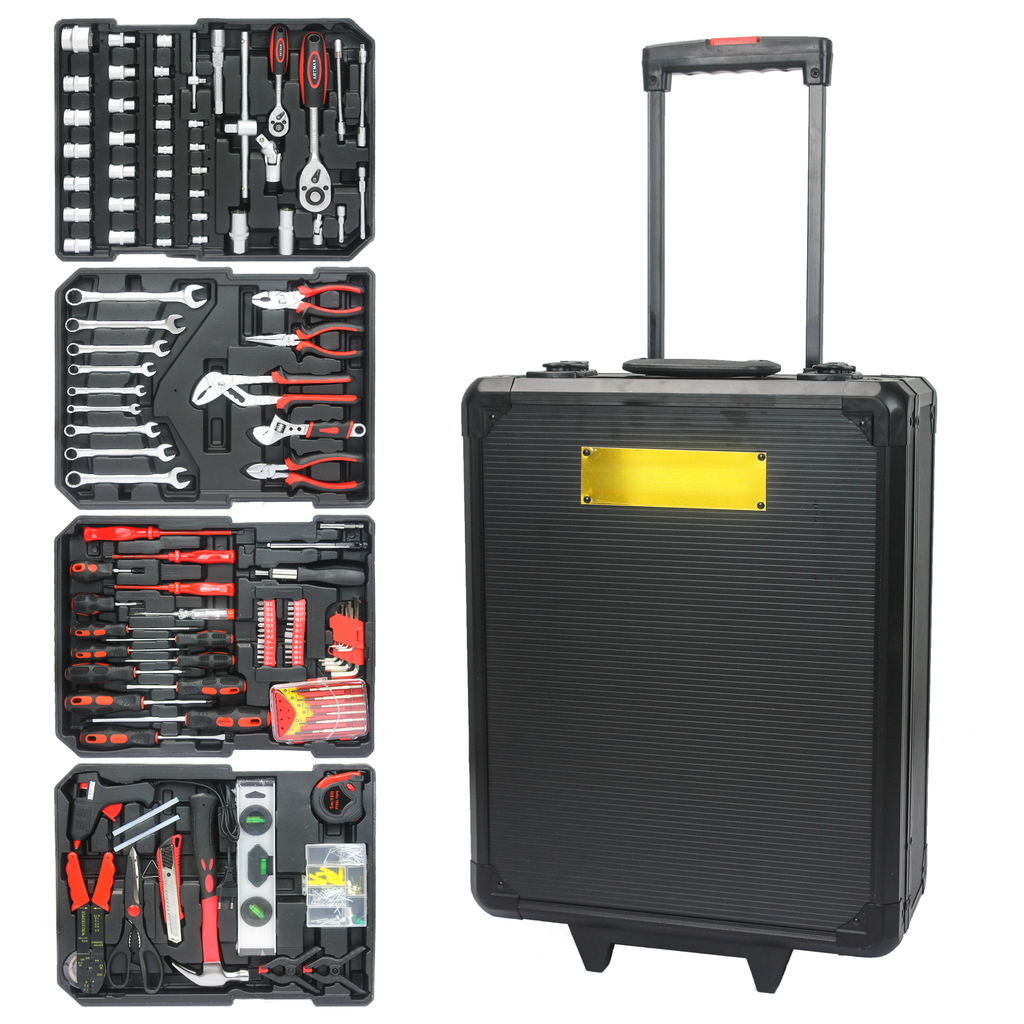 Black metal rolling toolbox with a selection of assorted tools organized within its open compartments