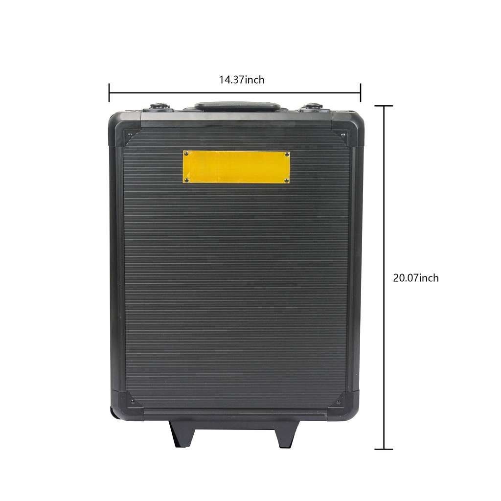Black aluminum rolling makeup case with textured finish and yellow ID plate